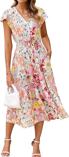 BerryGo Women's Floral Boho Ruffle Summer Midi Dress Short Sleeve V Neck...
