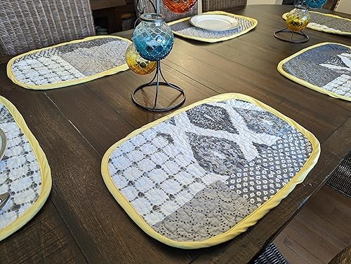 Miniatura 7 de Handcrafted in the USA, Set of 6 Patchwork Quilted Placemats 100% Cotton Embodying Farmhouse Elegance in Artisan's Harmony of Grey Shades and yellow