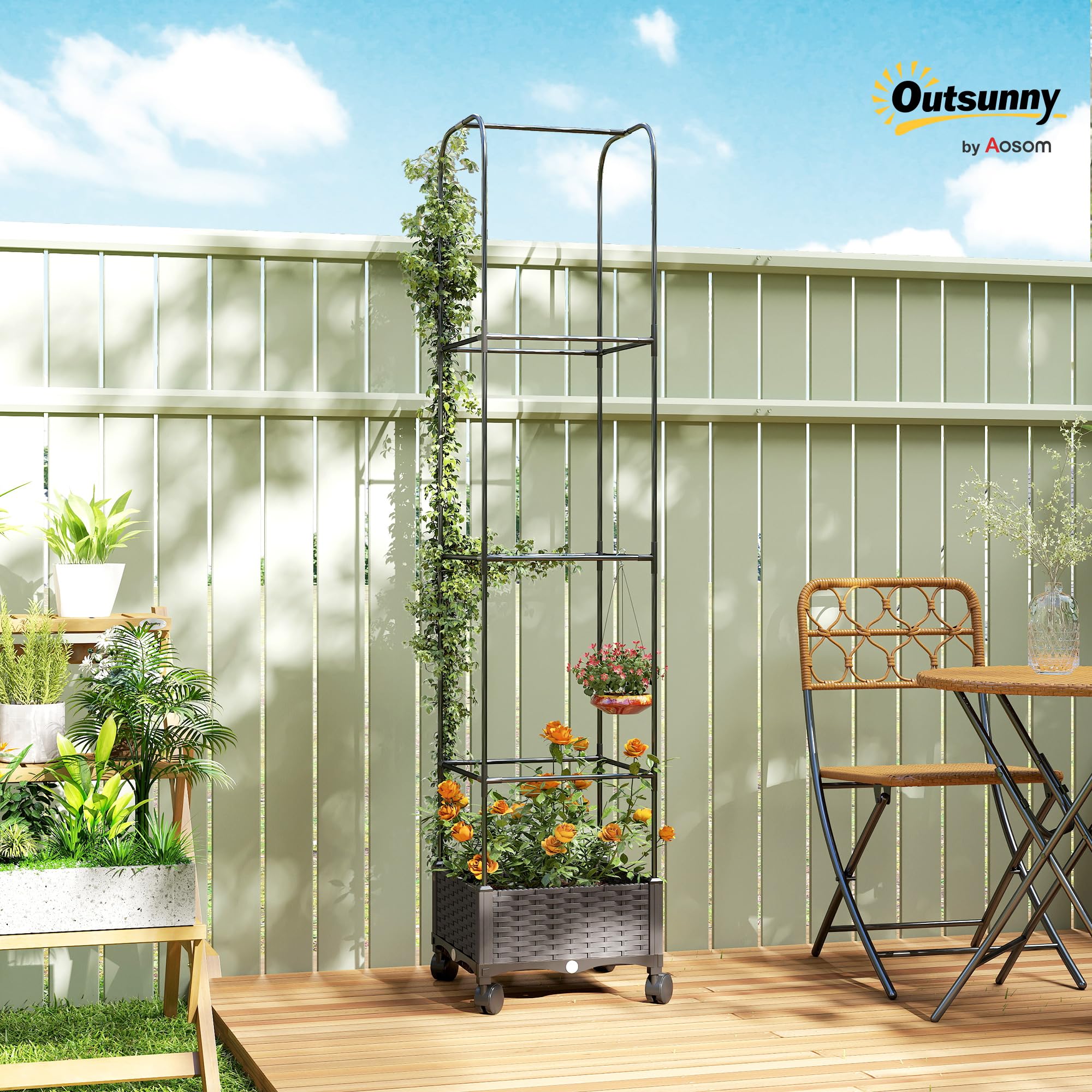 Outsunny Letto da Giardino Rialzato Alto 185 cm Autoirrigante in Metallo con Traliccio, con 4 Ruote Bloccabili per Piante Rampicanti, Fioriera con Fori di Drenaggio per Verdure e Fiori, Nero
