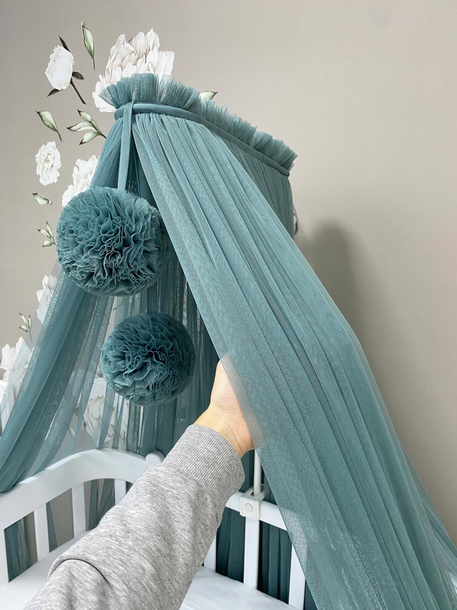 Tenda Baldacchino per lettino o culla cameretta dei bambini, Telo decoro tenda cameretta dei neonati, Tule zanzariera per letto in tule (Pine Green)