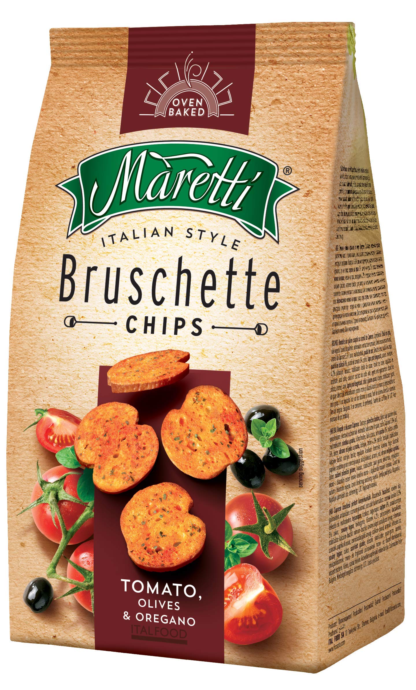Maretti Bruschette Tomate, Oliven & Oregano Cracker (14x150g), Brotchips mit Tomate, Oliven & Oregano Geschmack, köstliche Bruschette Chips im Ofen gebacken