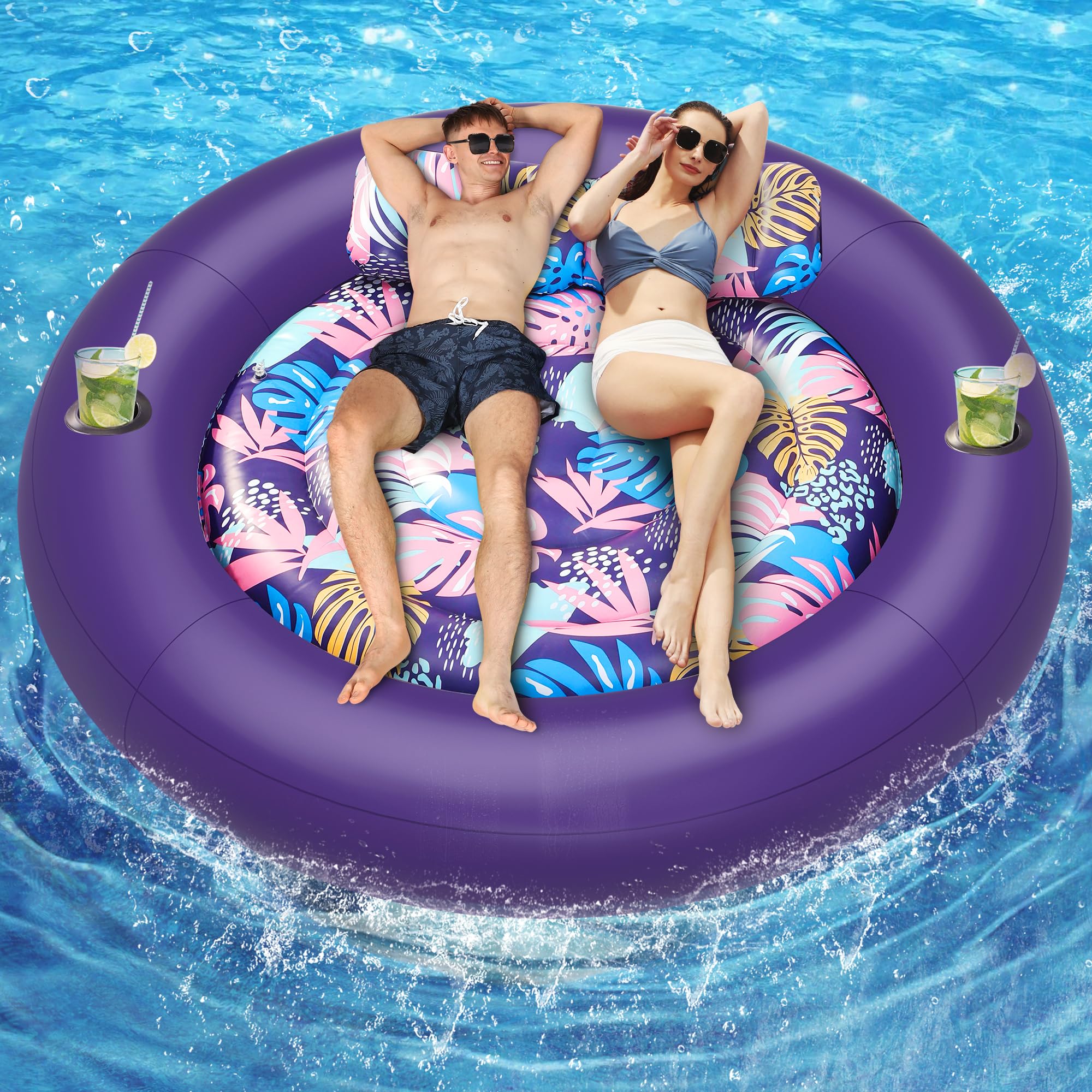 Inflatable Pool Floats Adult, OKSUWATER Giant Tanning Pool with Pillow and Cup Holders, Large Round Water Pool Floats for Backyard, Swimming Pool Party, Lake