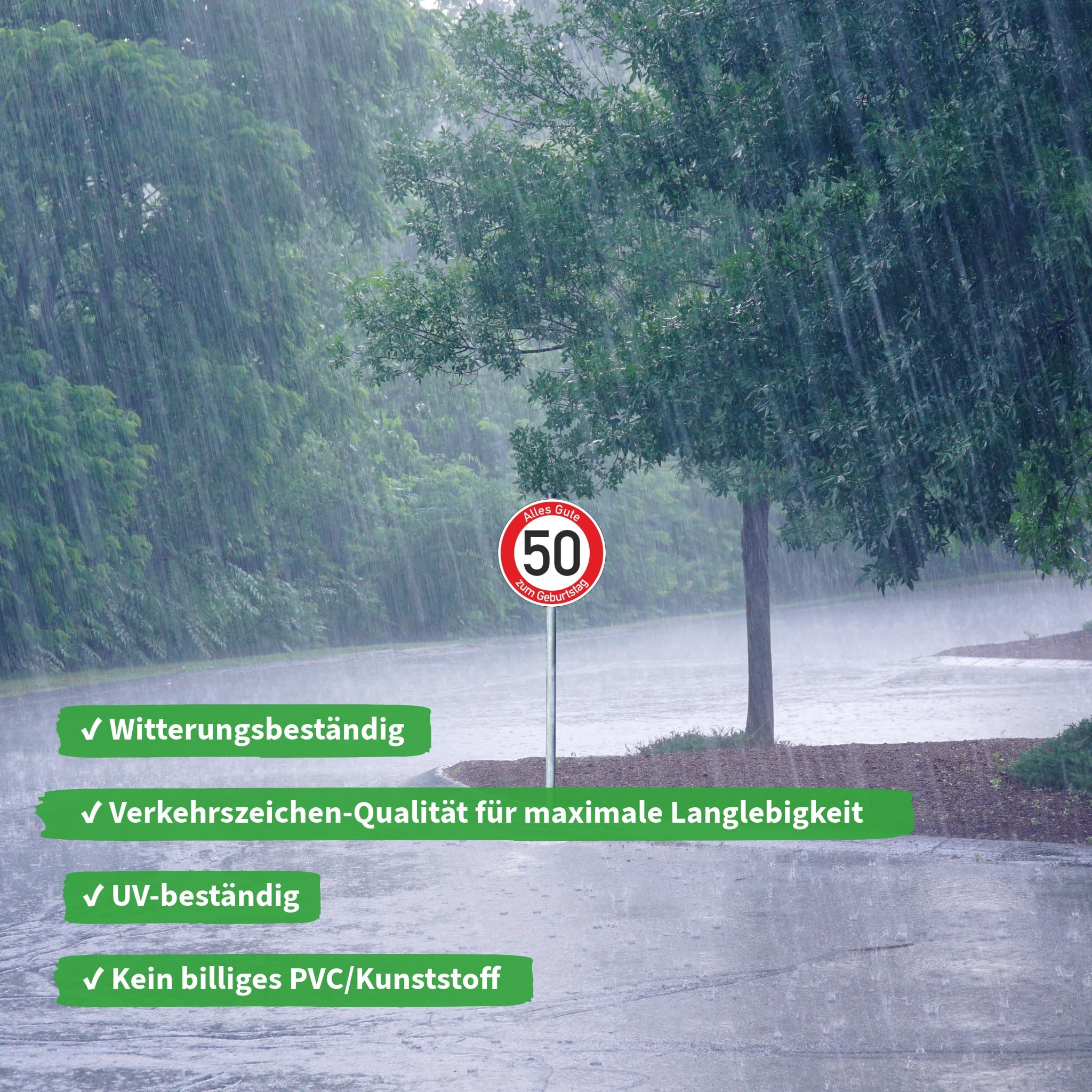Geburtstagsschild 50 | Verkehrsschild Qualität | 2mm Aluminium | "Alles Gute zum 50 Geburtstag" | Weißer Schriftzug Alles Gute zum Geburtstag | Kein billiges PVC/Plastik | (Ø420)