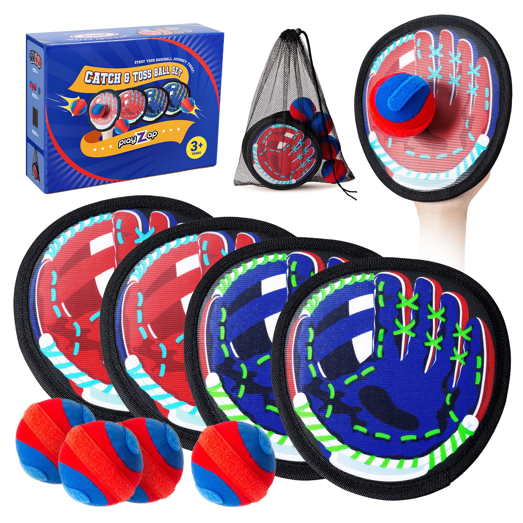 Playzap Toss and Catch Ball Set - Ultra Soft & Safe Toddler Baseball Gloves Designed for Pain-Free - Kids Games Toys Indoor Outdoor - Great for Yard Beach Pool - Gift for Boys Girls 2-4 5-7 8-10 Years
