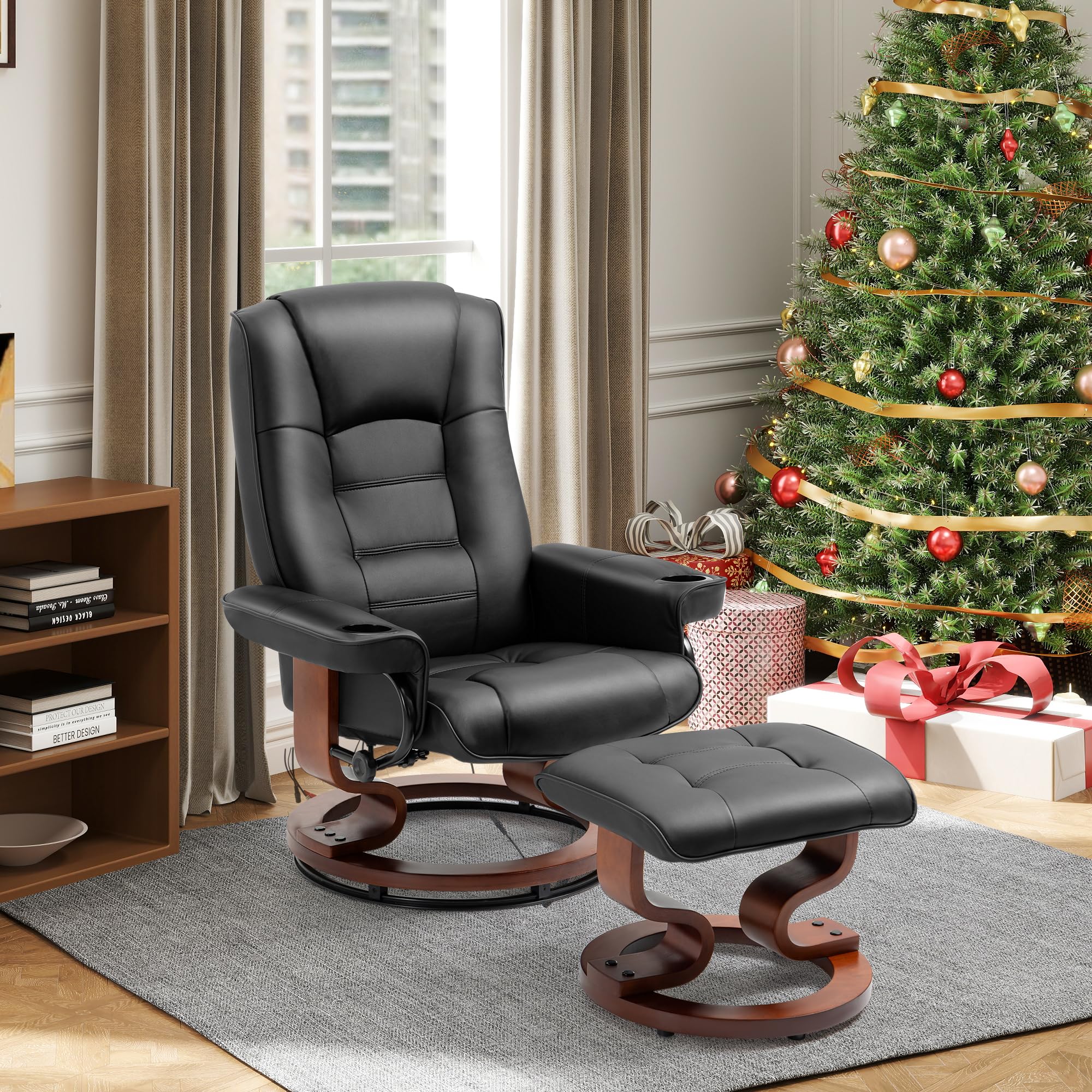 AVAWING Recliner with Ottoman, Wood Base & Adjustable Back, Faux Leather Swivel Reclining Chair with Footrest for Living Room and Bedroom, Black
