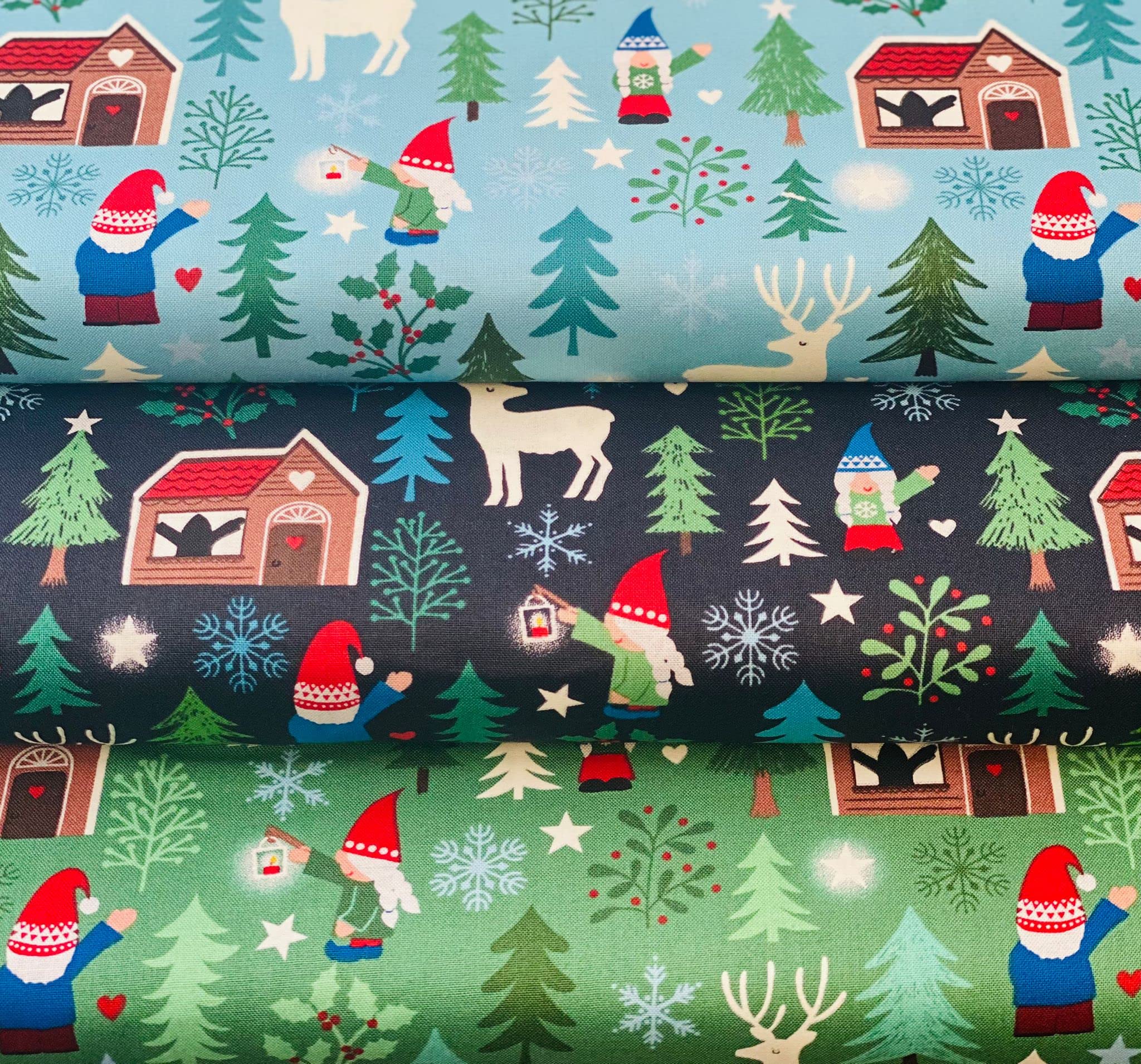 Simply Sew Crafty Gnomes - Pack Of 3 Hygge Christmas Fat Quarters Bundle - Lewis & Irene - 100% Quality Cotton Poplin Fabric Bundles - Sewing Quilting Bunting Dress Fabric - Simply Sew Crafty™ (Gnomes - Pack Of 3)
