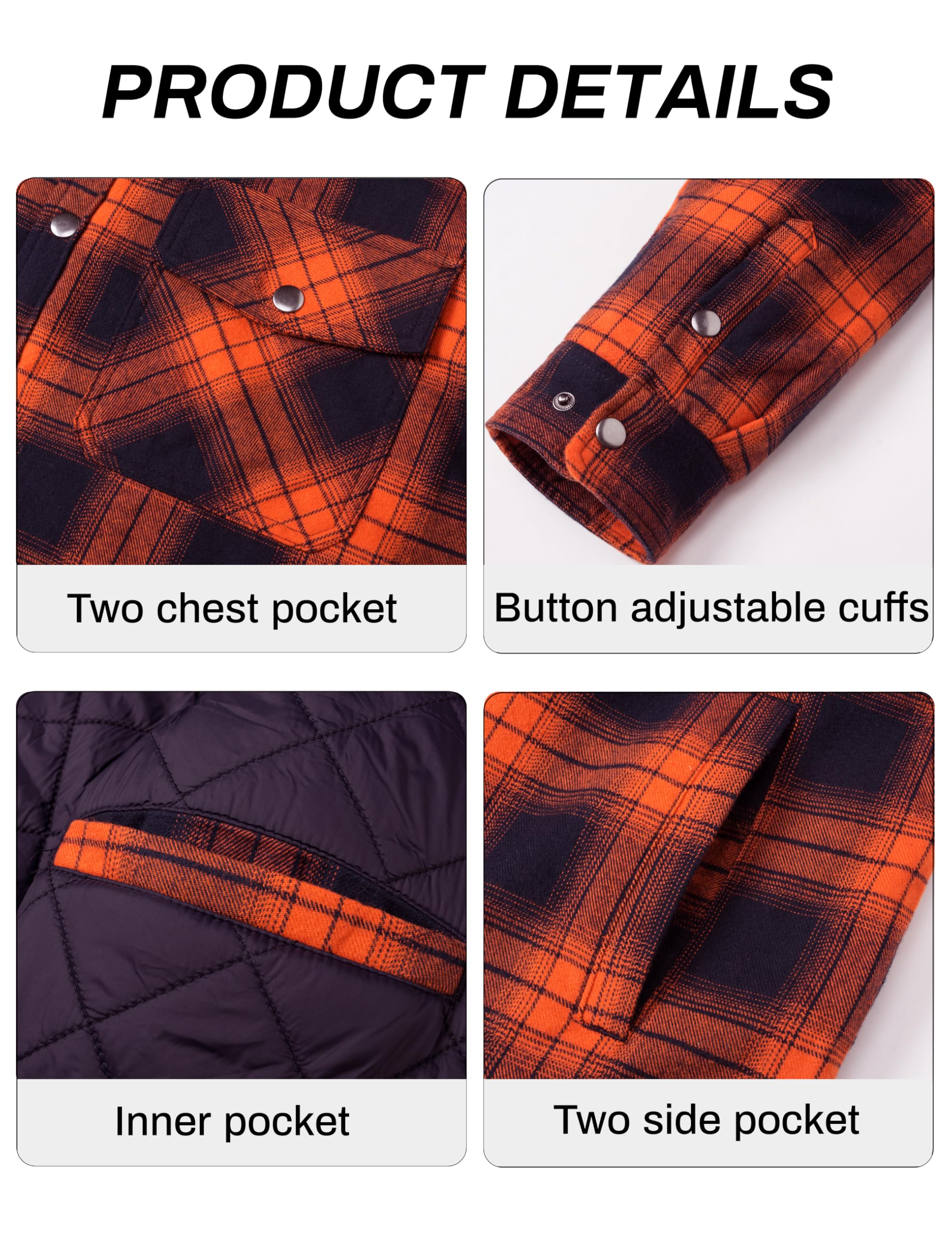 MAGCOMSEN Men's Quilted Flannel Jacket Winter Button Down Thick Casual Long Sleeve Plaid Jackets With 5 Pockets, Orange, L 4