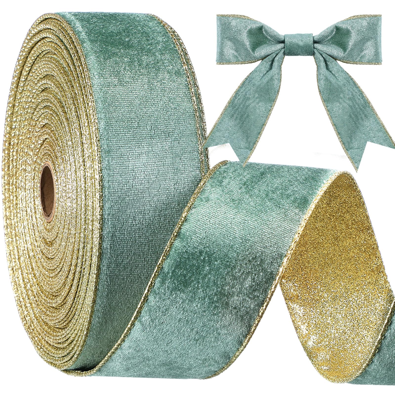 Yungyan Cintas de terciopelo con alambre de Navidad con borde dorado, cinta de fieltro para decoración de árbol de Navidad, corona vintage, manualidades al aire libre (champán salvia, 2.5 pulgadas x