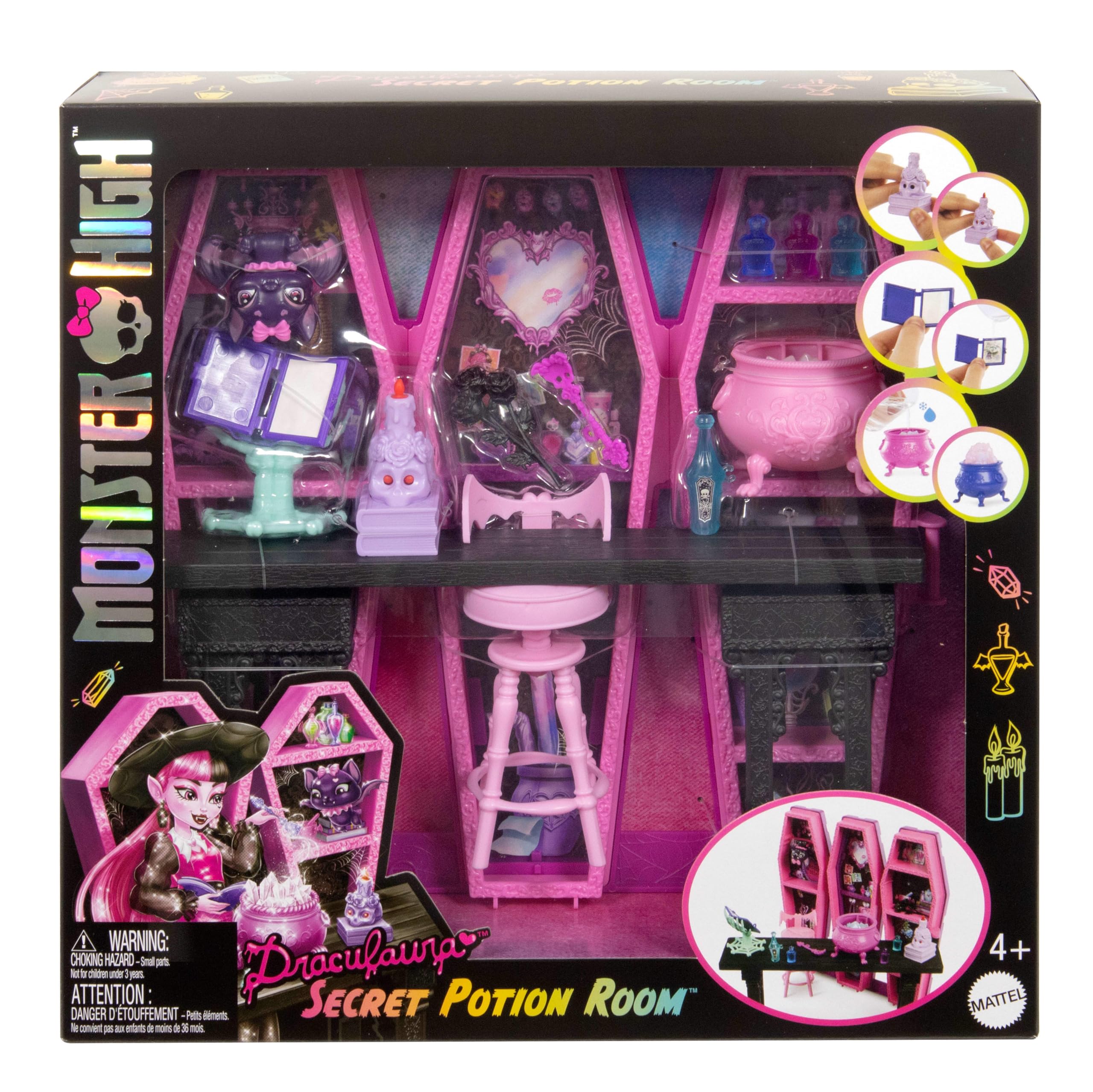 Monster High - Stanza delle Pozioni Segrete, playset con 12 accessori e trasformazioni a sorpresa, cucciolo di pipistrello Conte Fabulous incluso, giocattolo per bambini, 4+ anni, JBF15