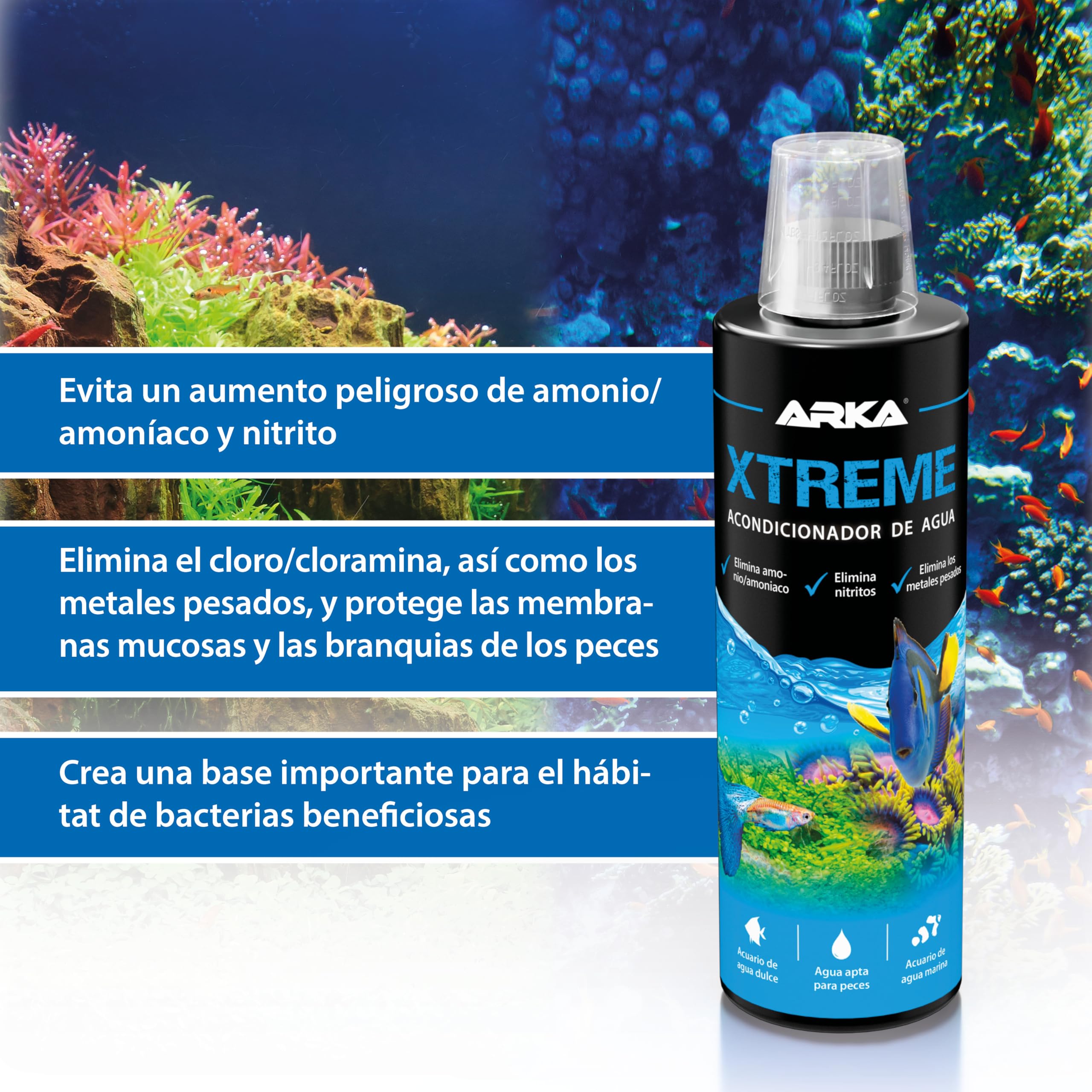 Acondicionador de Agua para Acuario 118 ml – ARKA Xtreme – Elimina Cloro, amoníaco y nitrito – neutraliza Metales Pesados – Ideal para Cambios de Agua y nuevos acuarios