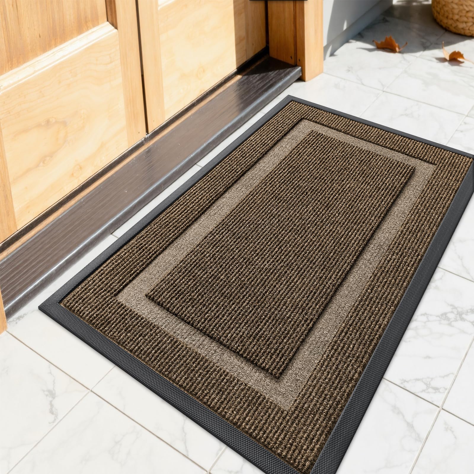 OLANLY Front Door Mat 23.5x15.5, All-Season Heavy-Duty Rubber Doormat | Brown, Absorbent, Stain and Fade Resistant, Waterproof Non-Slip Backing, Low-Profile Indoor Outdoor Floor Mat for Entryway