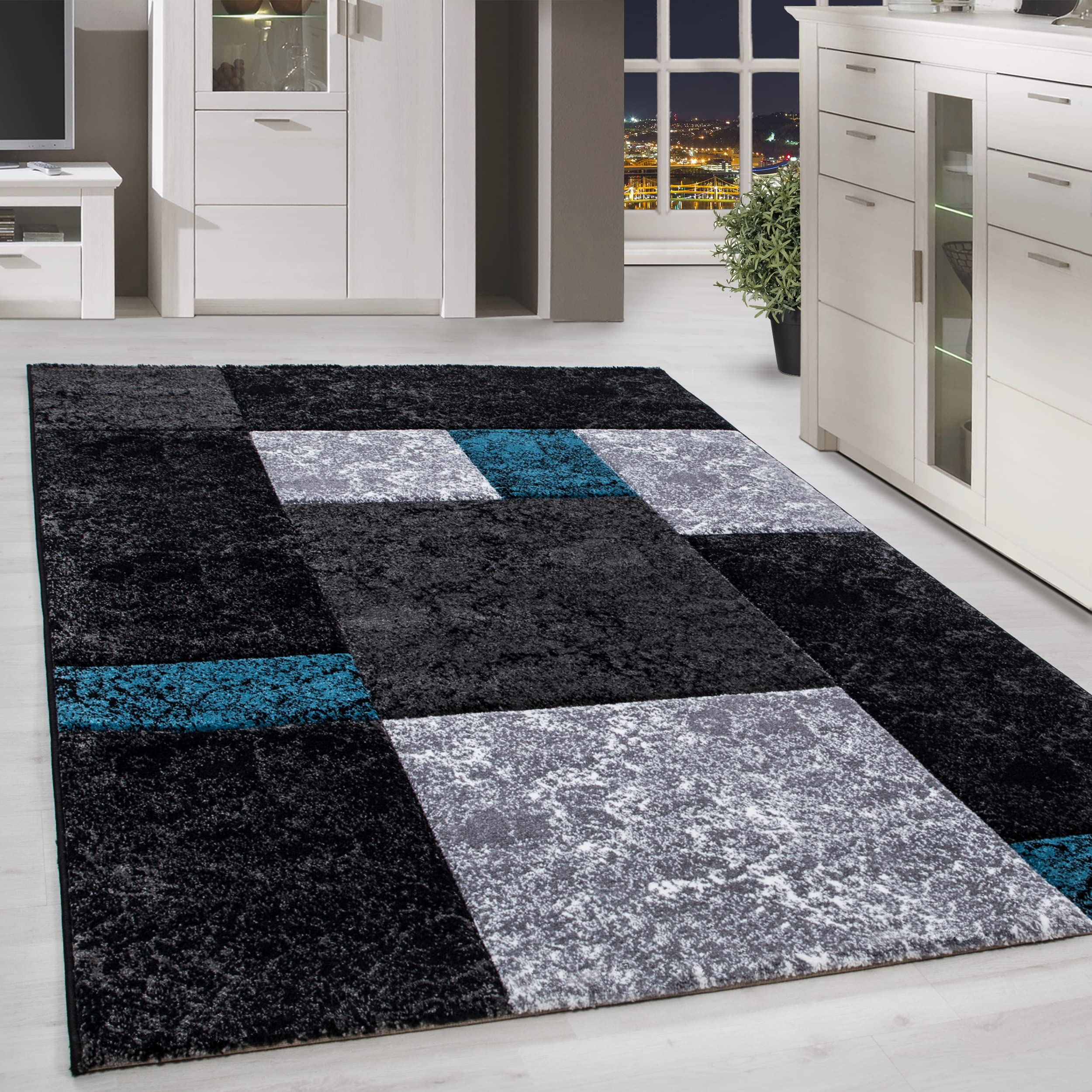 HomebyHome Teppich 120x170 cm Kurzflor Konturenschnitt in Schwarz Grau Blau Kariertes Design, Extra Weich, Waschbar, Pflegeleicht Für Wohnzimmer, Schlafzimmer, Esszimmer