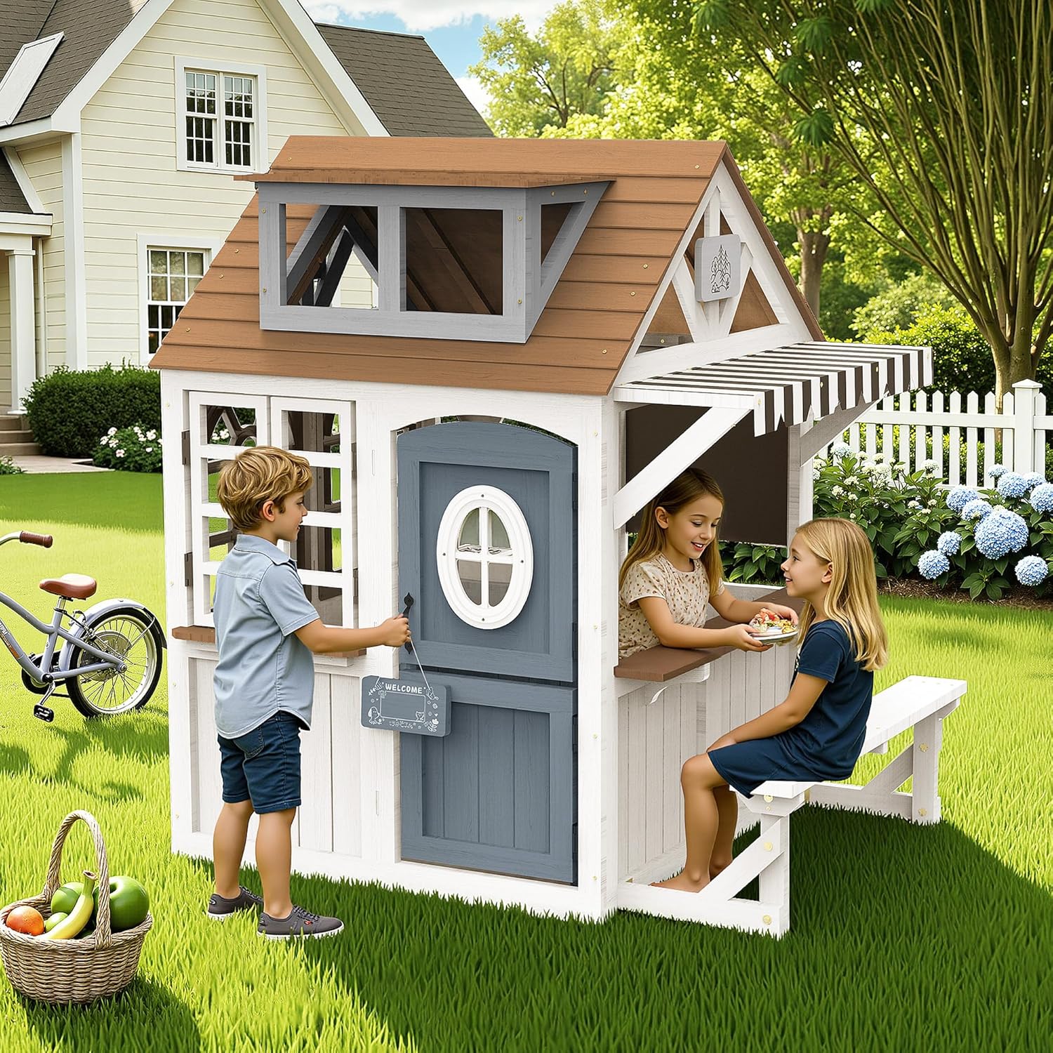 Albott Kids Outdoor Wooden Playhouse with Kitchen Set, Chalkboard, Durable Fir Wood Construction with Waterproof Roof & Rust-Resistant Hinges, Pretend Playhouse for 3–8 Years Old Boys & Girls