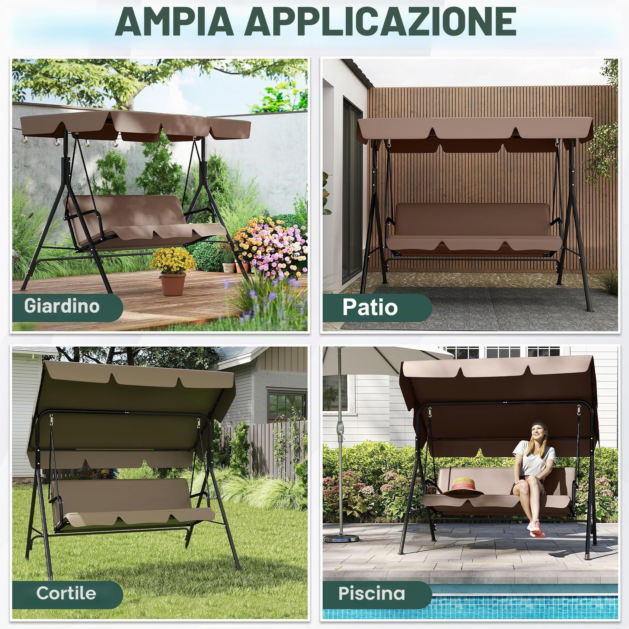 FIVMEN Dondolo da giardino a 3 posti, con rivestimento regolabile sul tetto, panca a dondolo da giardino, altalena sospesa, portata fino a 200 kg, 193 x 110 x 152 cm, marrone