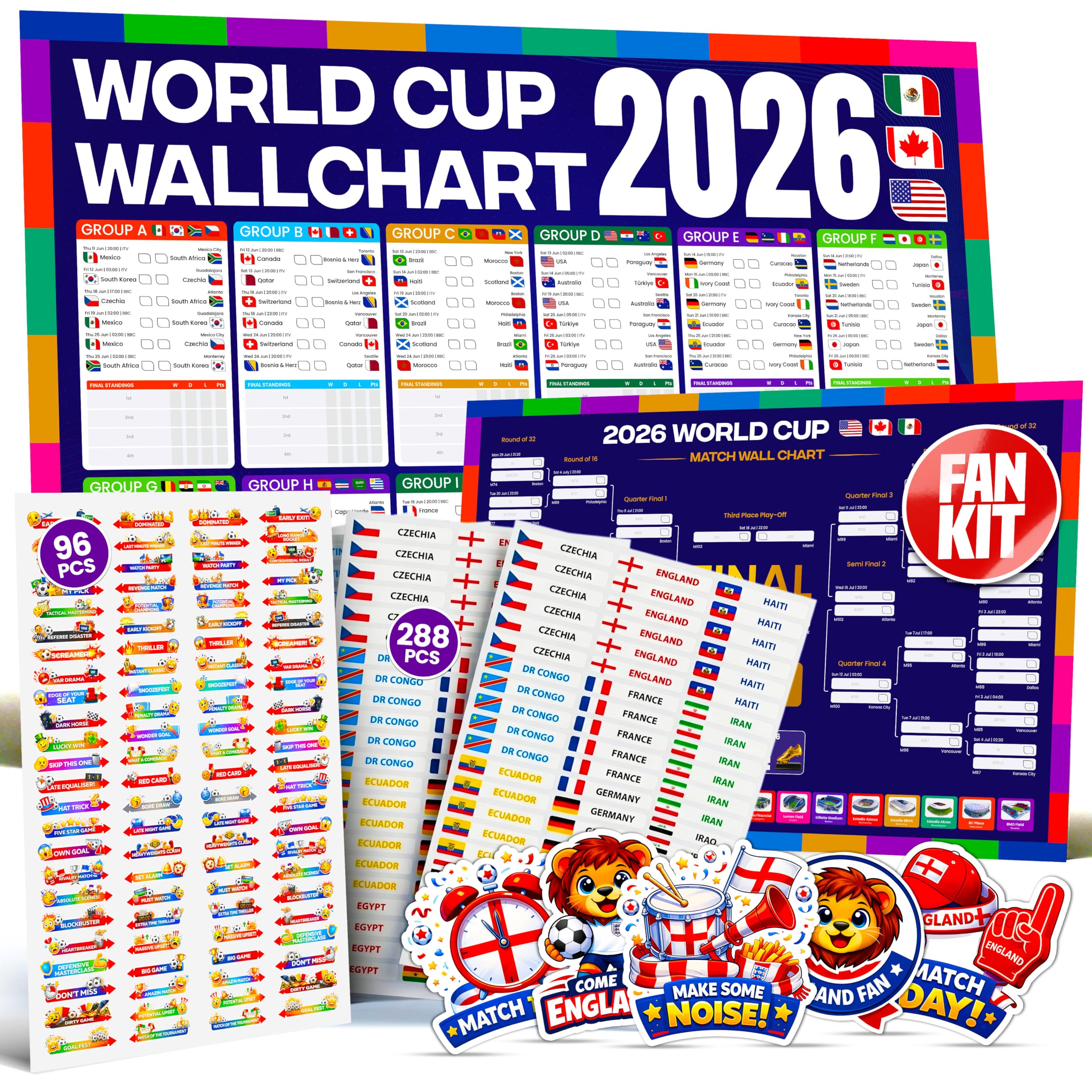 World Cup Wall Chart 2026 Interactive Kit (England Edition) – A1 Football Championship Wall Planner, 288 Team Progression Stickers, 96 Match Action Sticker, Tournament Tracker & England Stickers