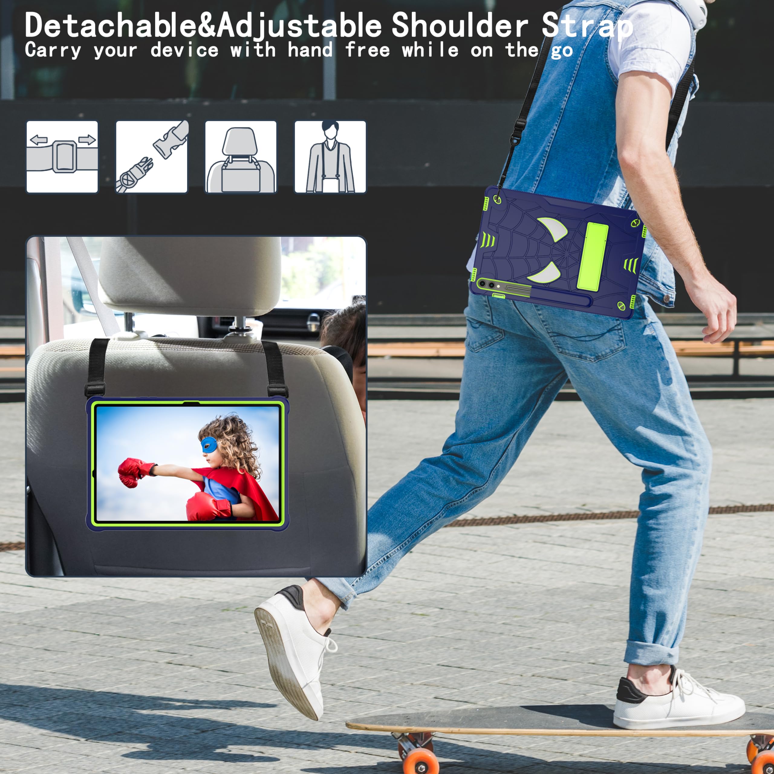 Etui dziecięce kompatybilne z Samsung Galaxy Tab S9+ 31.5 cm/Tab S9 FE+ 2023 31.5 cm, odporne na wstrząsy, pokrowiec dziecięcy, wbudowany pasek na ramię i stojak, ukryty, niebieskie +
