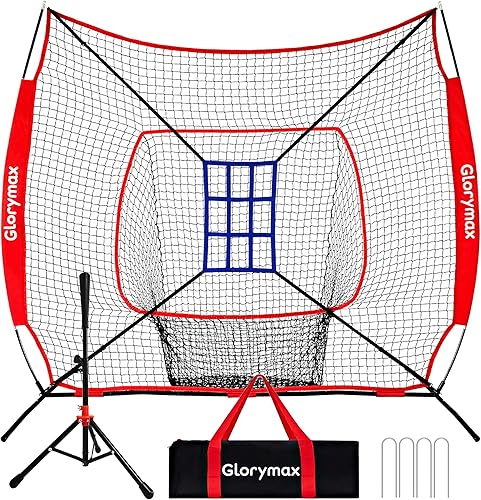 Red de práctica de bateo de béisbol, 7 x 7 pies, con camiseta y objetivo de zona de ataque de 9 agujeros, portátil con bolsa de transporte