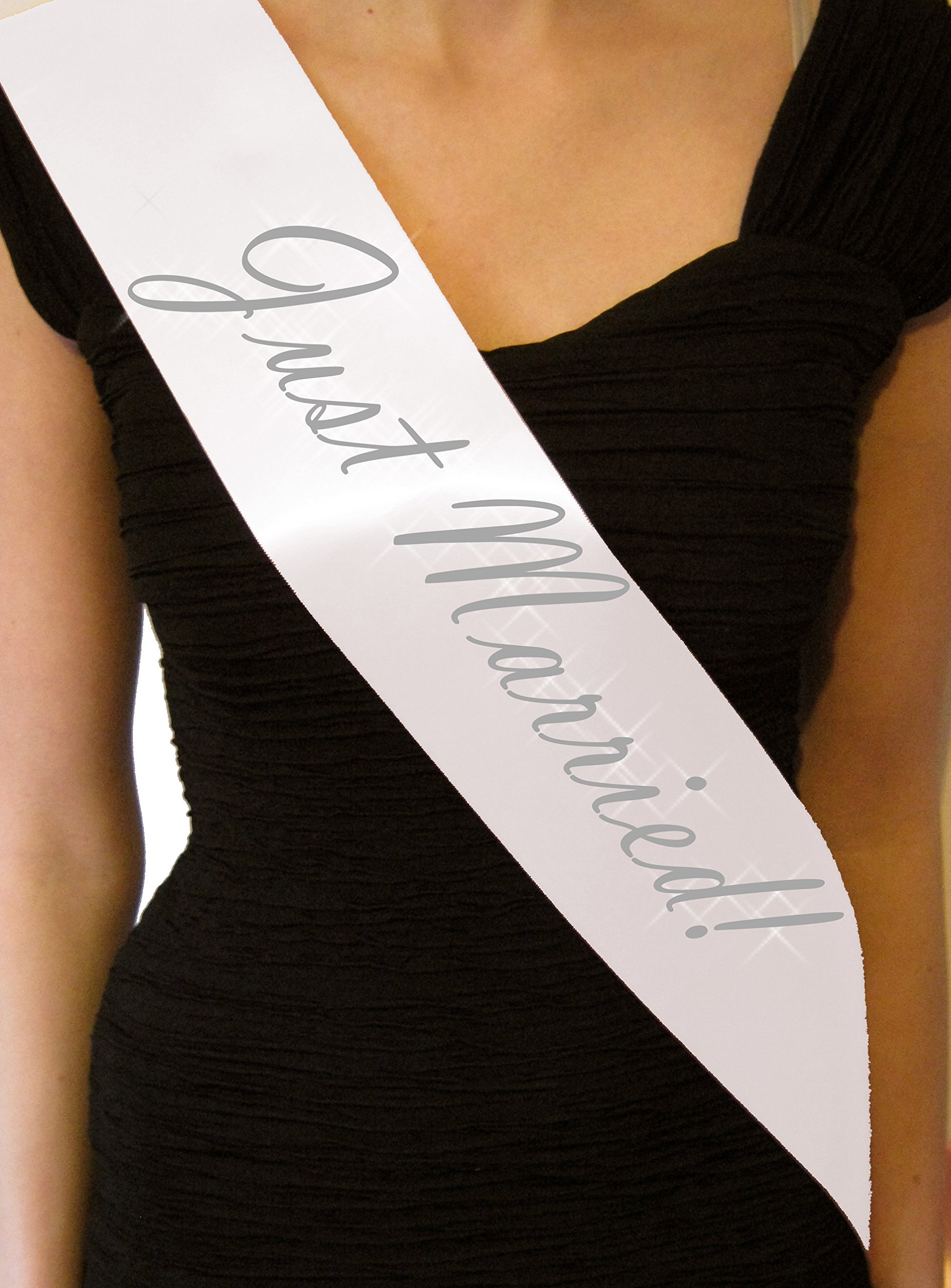 Fancy Pants Store White Just Married Sash with Silver Text