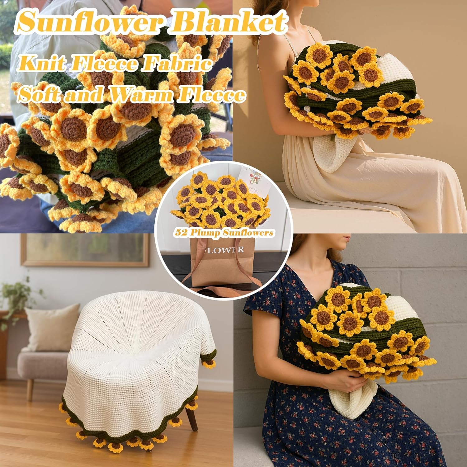 Yarniss Finished Crochet Sunflower Bouquet Blanket,49 Inch Round Sunflower Floral Knitted Gift,Hand Crocheting Blanket(52pcs Petals) - Image 5