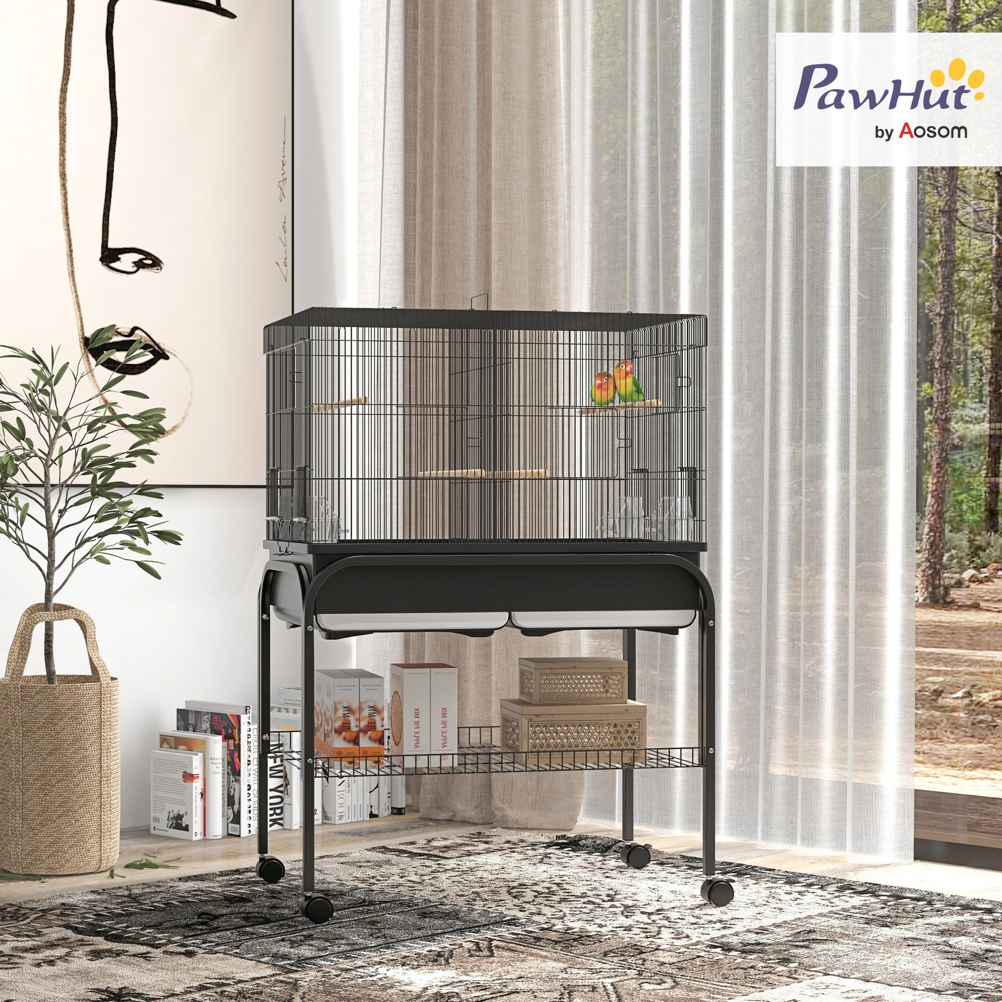 PawHut Gabbia per Uccelli da Interno con Vassoio, Ripiano e Ruote, Voliera in Acciaio per Cocorite, Canarini, Calopsitte e Pappagalli, 85x49x119 cm, Nero