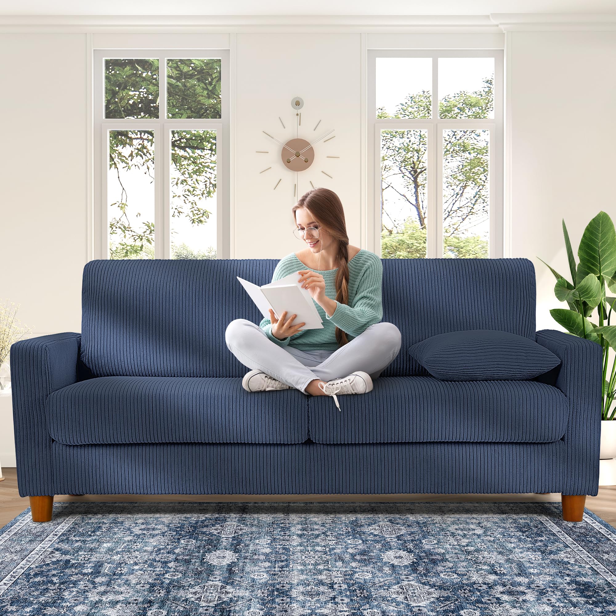 Kidirect 70in Corduroy Couch, Small Loveseat Sofa, Blue Corduroy Couch | No Tool Assembly, Comfy Couches for Living Room, Small Loveseat Sofa, 21in Deeper Seat, Sofas for LIving Room &amp; 2 Pillows