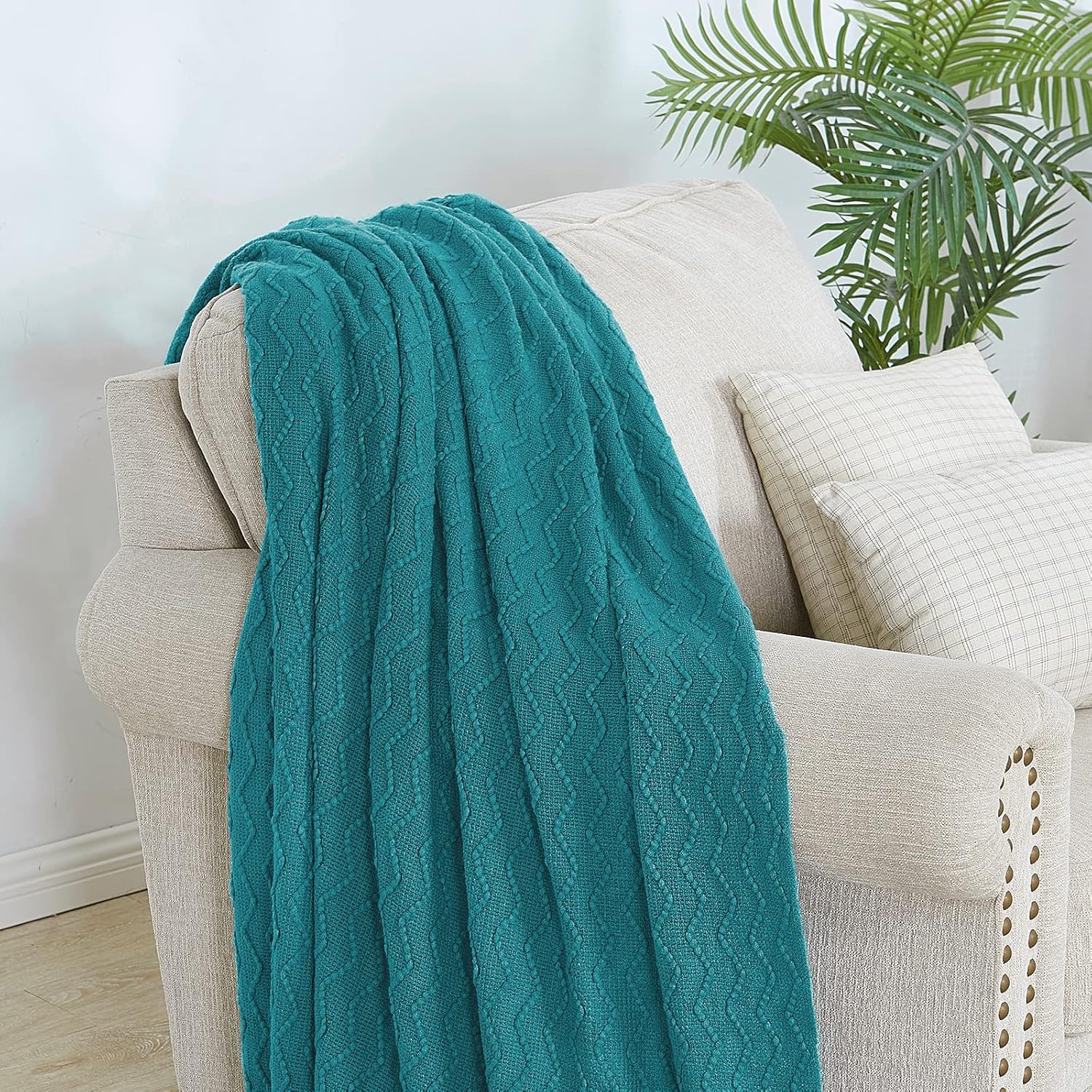 BOURINAThrow Blanket Textured Solid Soft Sofa Couch Decorative Knitted Blanket, 50" x 60" Teal : Home & Kitchen