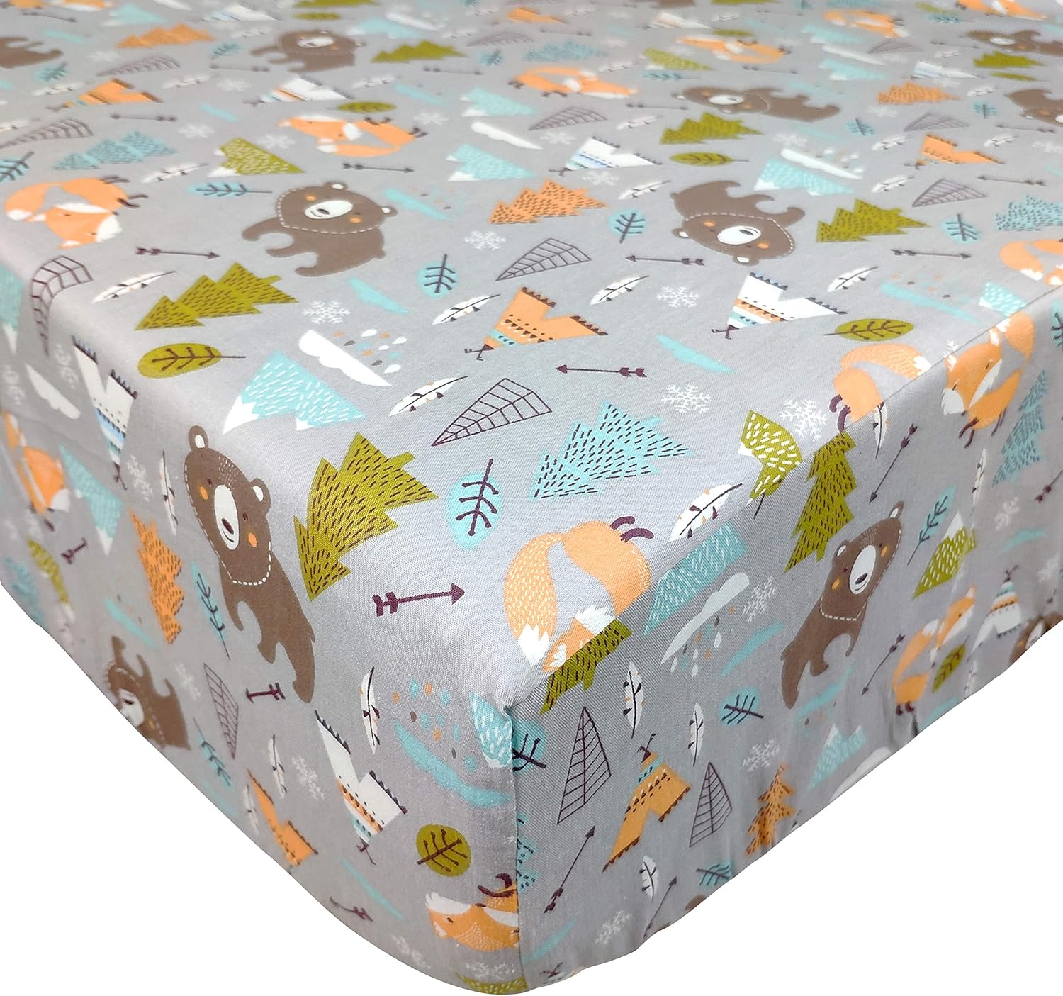 Brandream Woodland Baby Crib Bedding Set | 3-Piece Crib Bed Blanket, Fitted Sheet and Bed Skirt Cotton | Bear Fox Arrow Forest Printed, Gray Grey