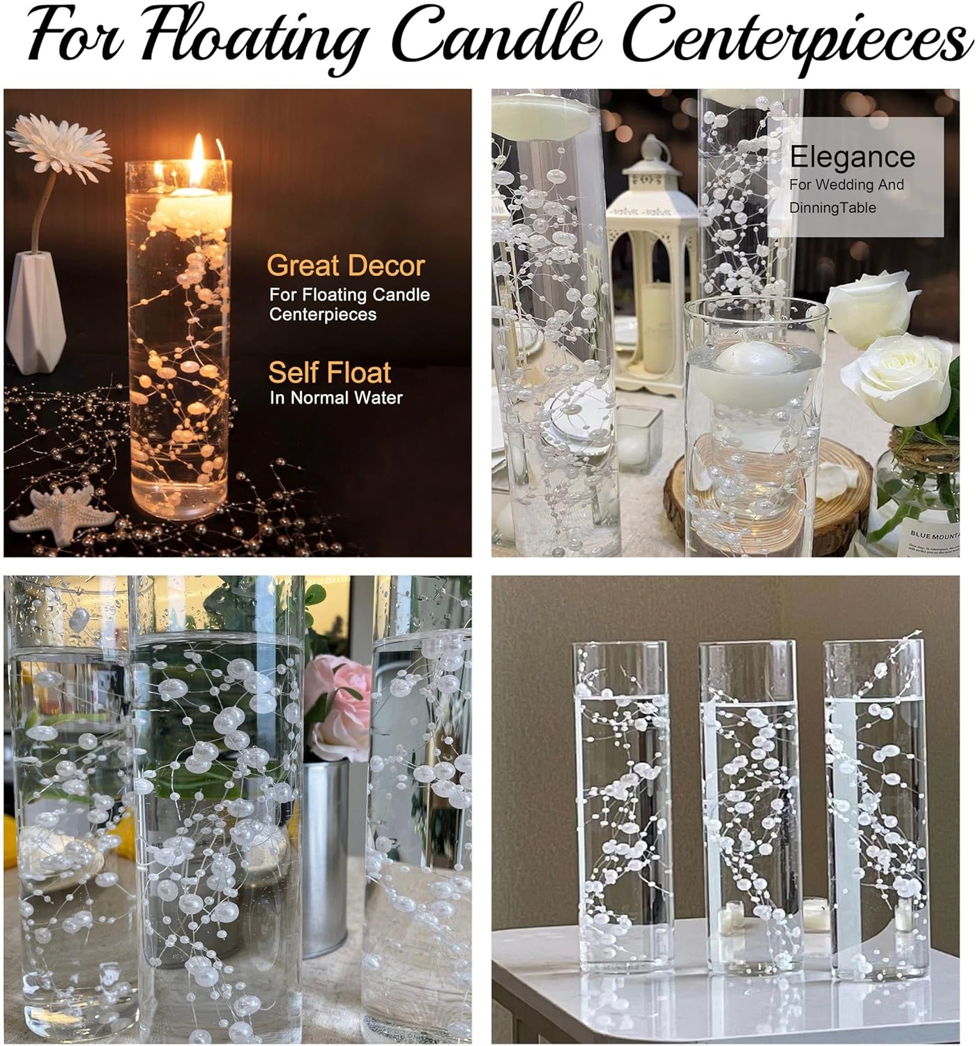 TeaSu 24Pcs Pearl String for Floating Candle Centerpieces, Pearl Vase Filler Decor for Wedding Centerpieces (White)
