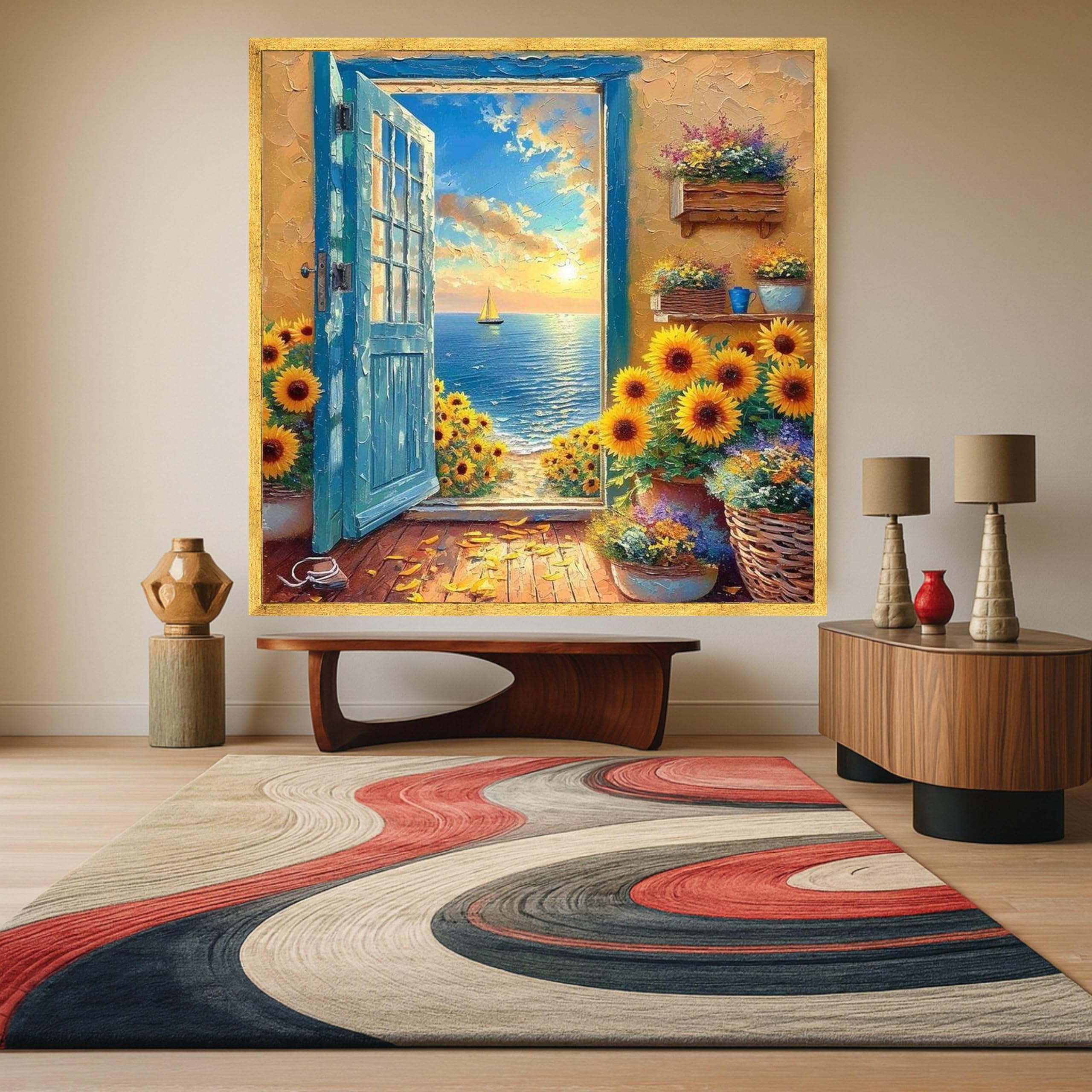 Tableau mer et tournesol romantique pour salon bord de mer de 65x65 cm - 8