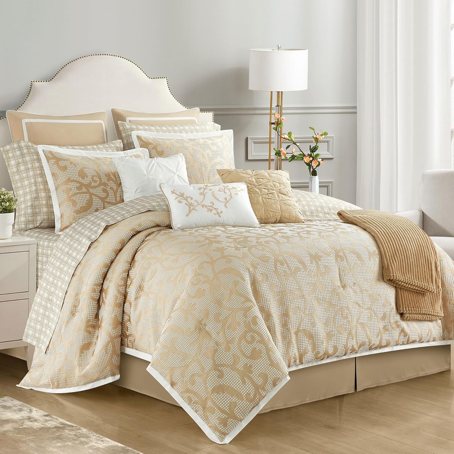 Taupe California King Comforter Set, Classic Jacquard Floral 14 Pieces Bedding Set, Ultra Soft for All Seasons, Sheets, Bedskirt, Throw,Matching Shams and Decor Pillows