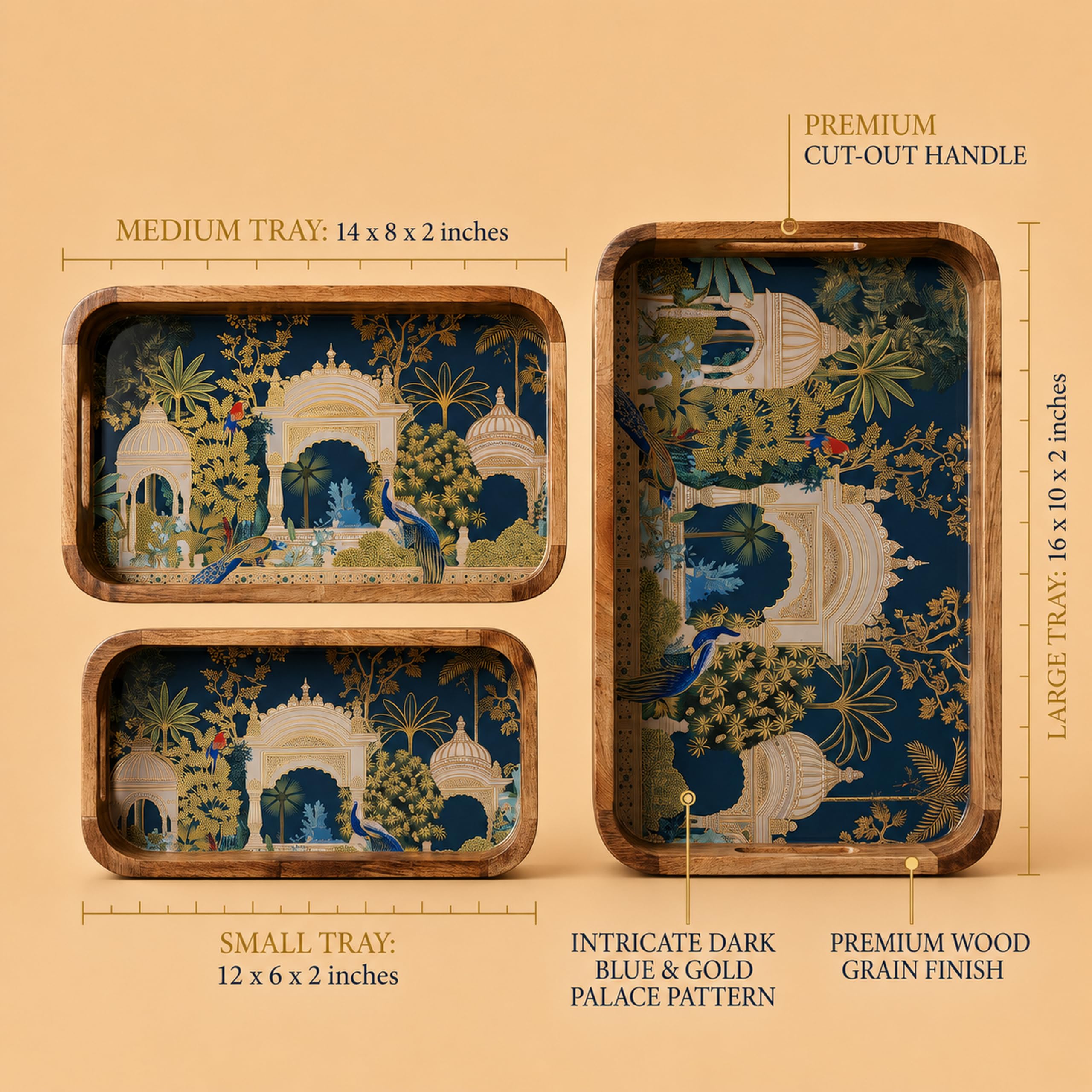 Wooden Serving Tray Set - Gold Engraved Design -6