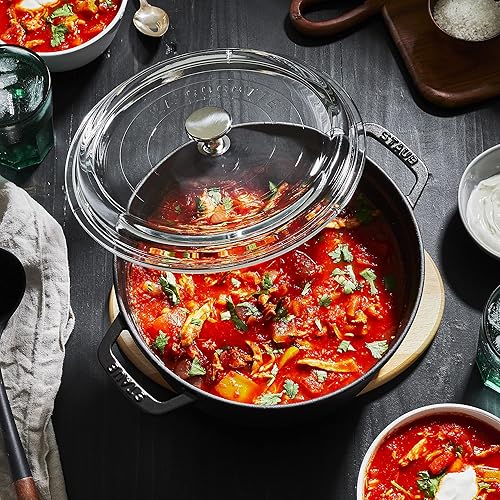 Miniatura 5 de STAUB Horno holandés de hierro fundido redondo de 4 cuartos de galón con tapa de vidrio, fabricado en Francia, sirve 3-4, negro