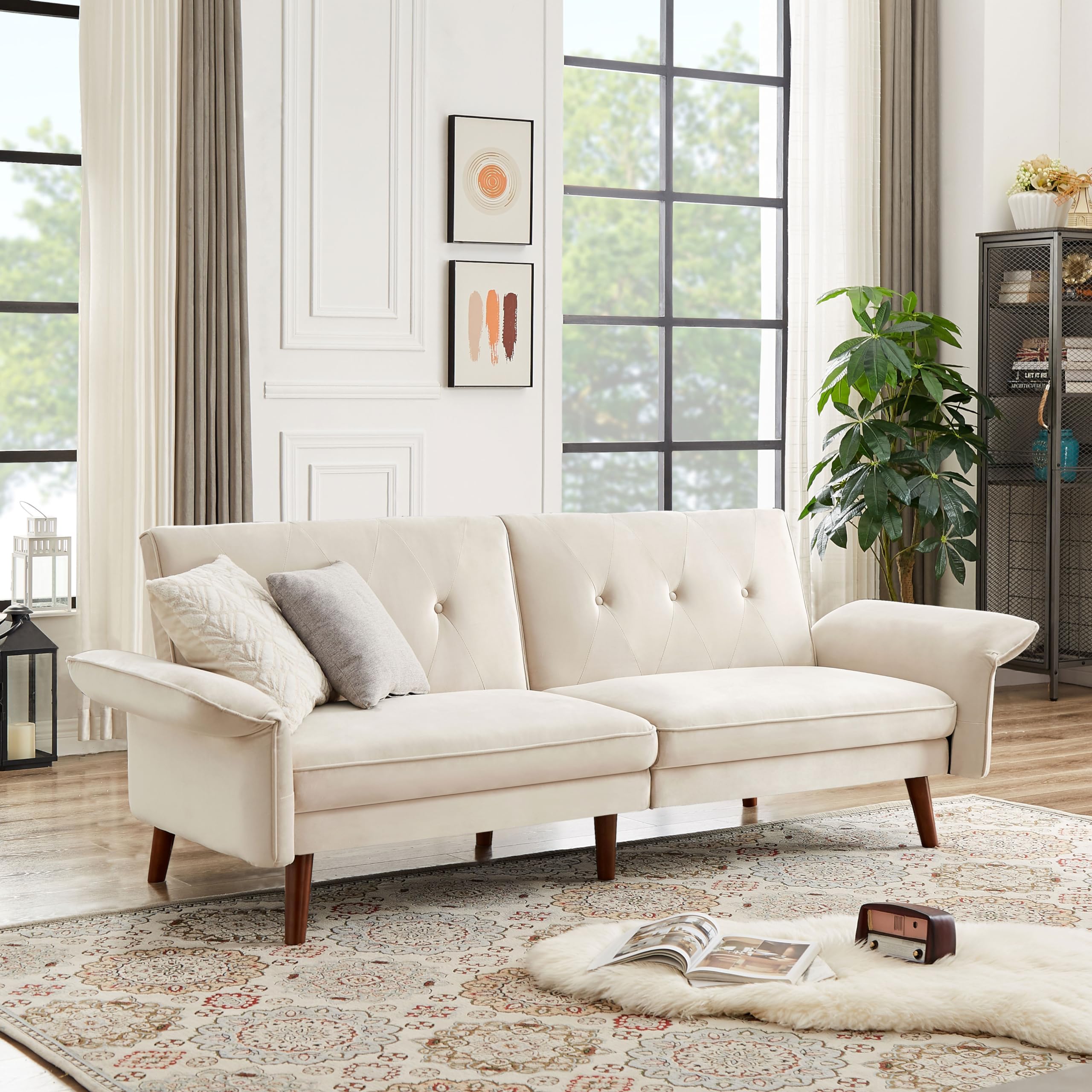 Futon Sofa Bed, Modern Convertible Sleeper Furon Couch with Adjustable Backrests Sleeper Sofa for Living Room (Velvet Cream White)