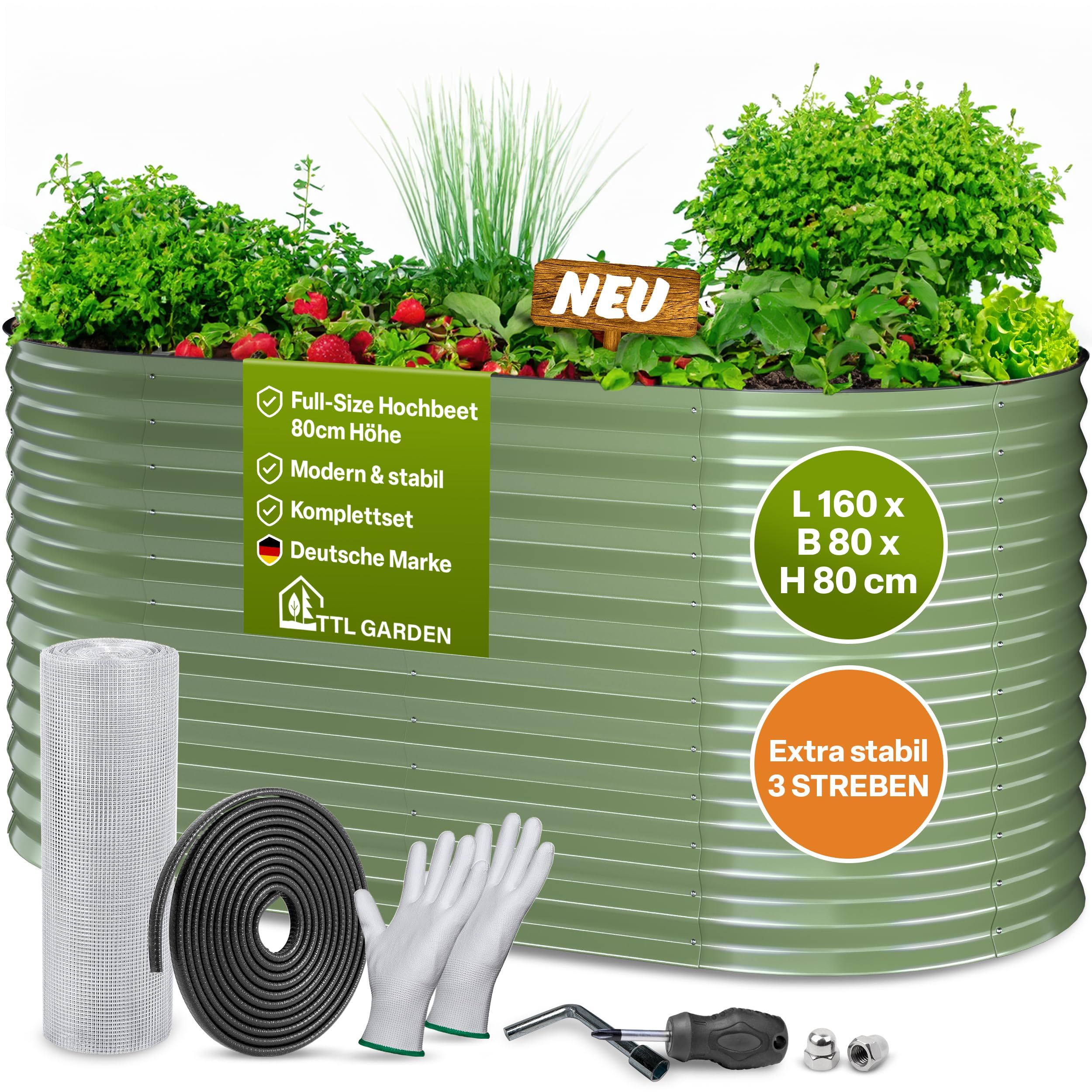 TTL GARDEN 160x80x80cm Nature M Metall Hochbeet Salbei-Grün - Stahl rostfrei verzinkt & lackiert Wellblech oval 80cm hoch sehr stabil Garten Beet für Gemüse Kräuter Blumen Gartenbeet Gemüsebeet
