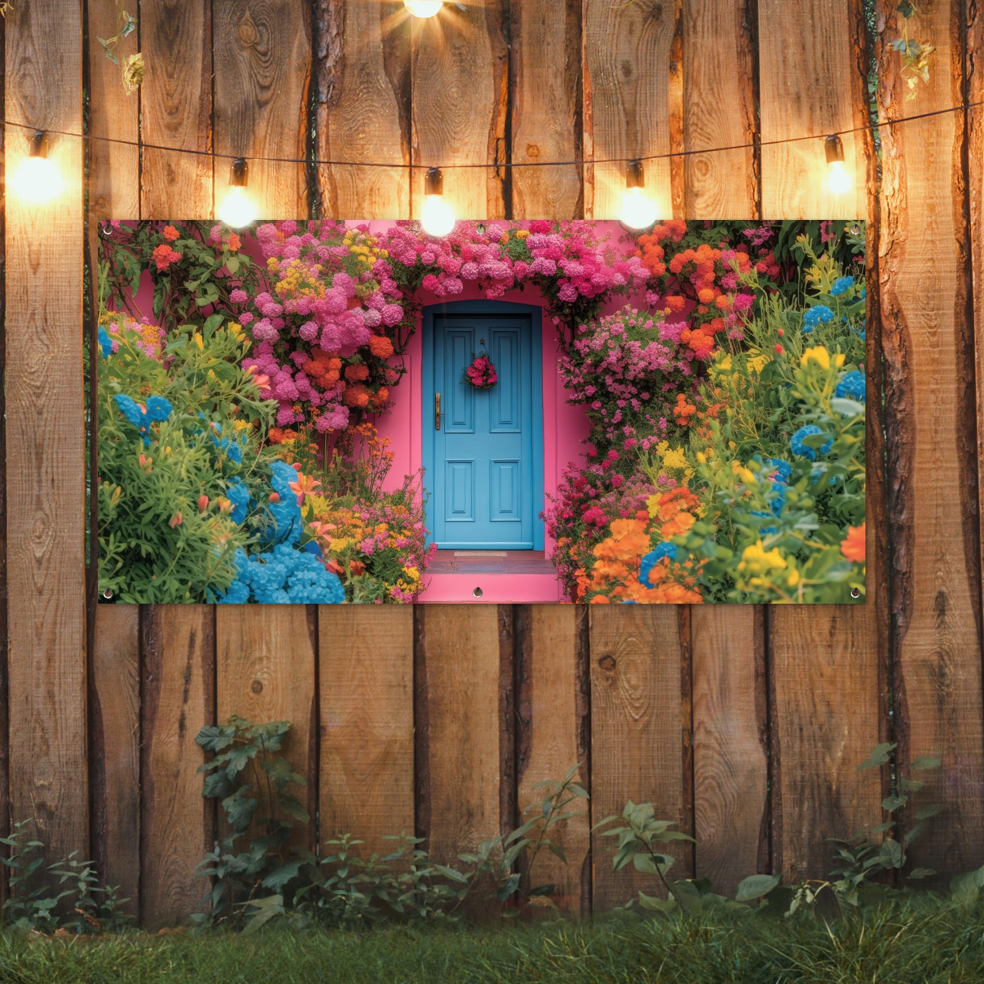 MuchoWow© Decoracion Jardin Exterior Decoración Pared Póster De Jardín | 160x80 cm - Balcón Wall Decoration Patio Posters Decorativos Terraza Flores - Puerta - Rosa