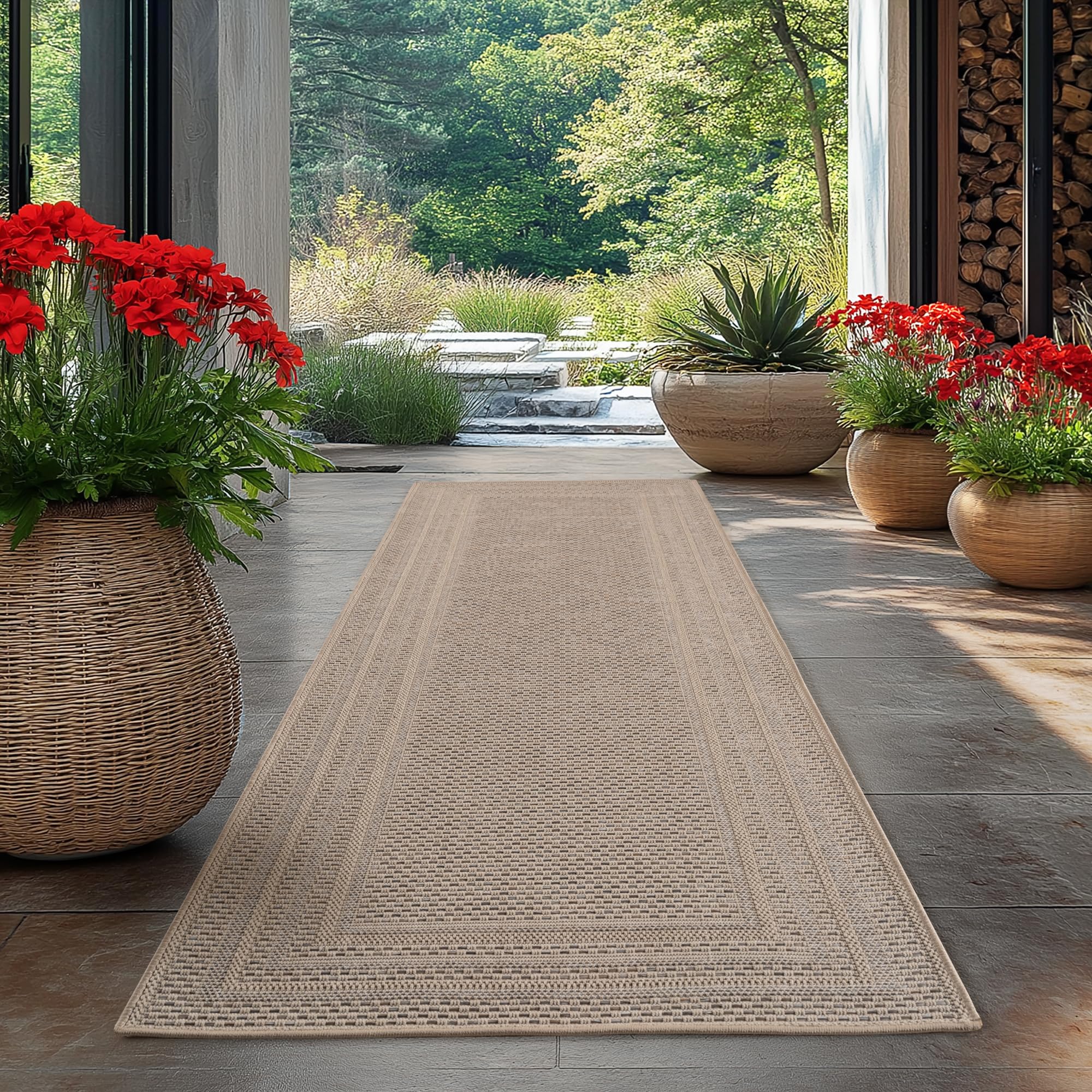 HomebyHome Outdoor Teppich Beige Wetterfest UV-beständig Pflegeleicht Skandinavisches Boho Design für Küche Balkon Terrasse Garten Wohnzimmer Esszimmer