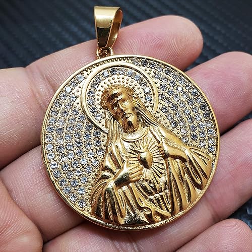Miniatura 4 de Colgante de acero inoxidable con dije de medalla de Jesús Santo en tono dorado, Chapado en oro sobre acero inoxidable, Circonita Cúbica