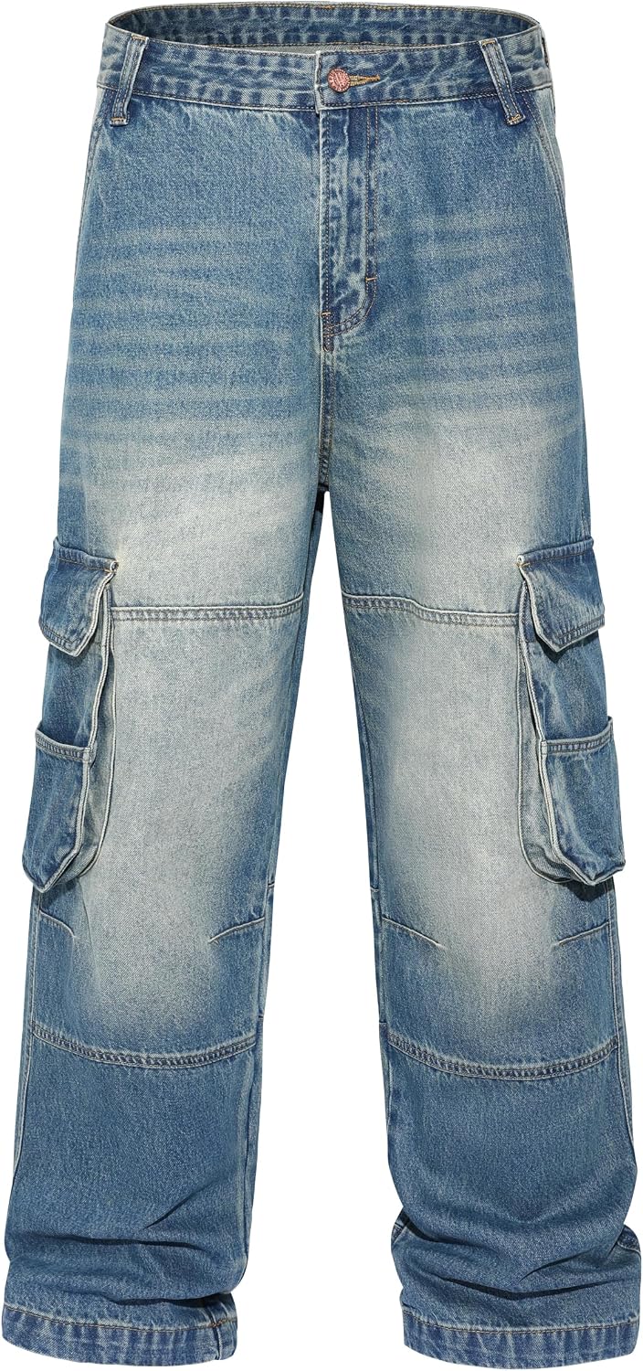 MZNBURAM Men's Y2K Hip Hop Baggy Cargo Jeans Loose Fit Wide Leg Denim Pants Casual Streetwear Trousers