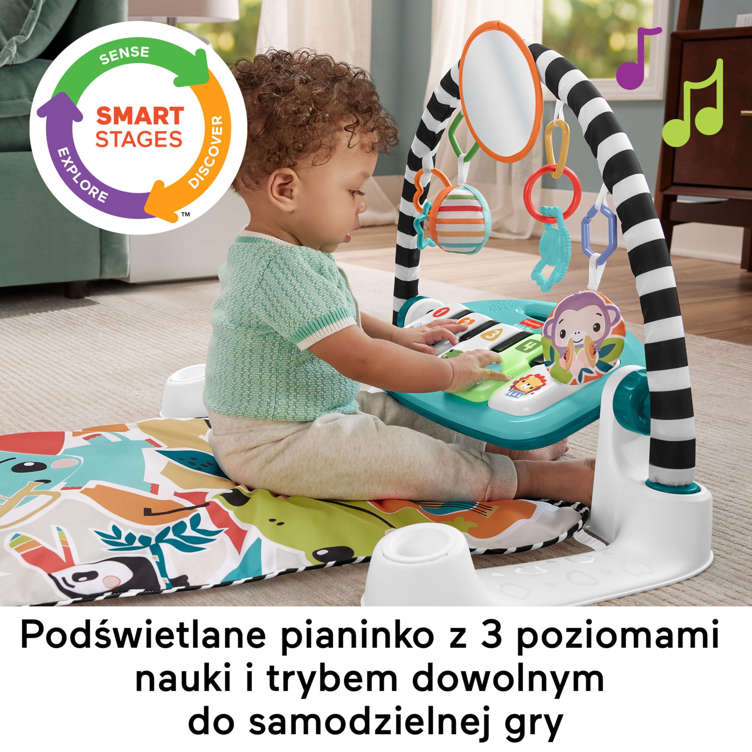 Fisher-Price Mata edukacyjna z pianinkiem Muzyczne zwierzątka, przenośna zabawka muzyczna z Poziomami nauki dla dzieci od narodzin, polska wersja językowa, HWY57