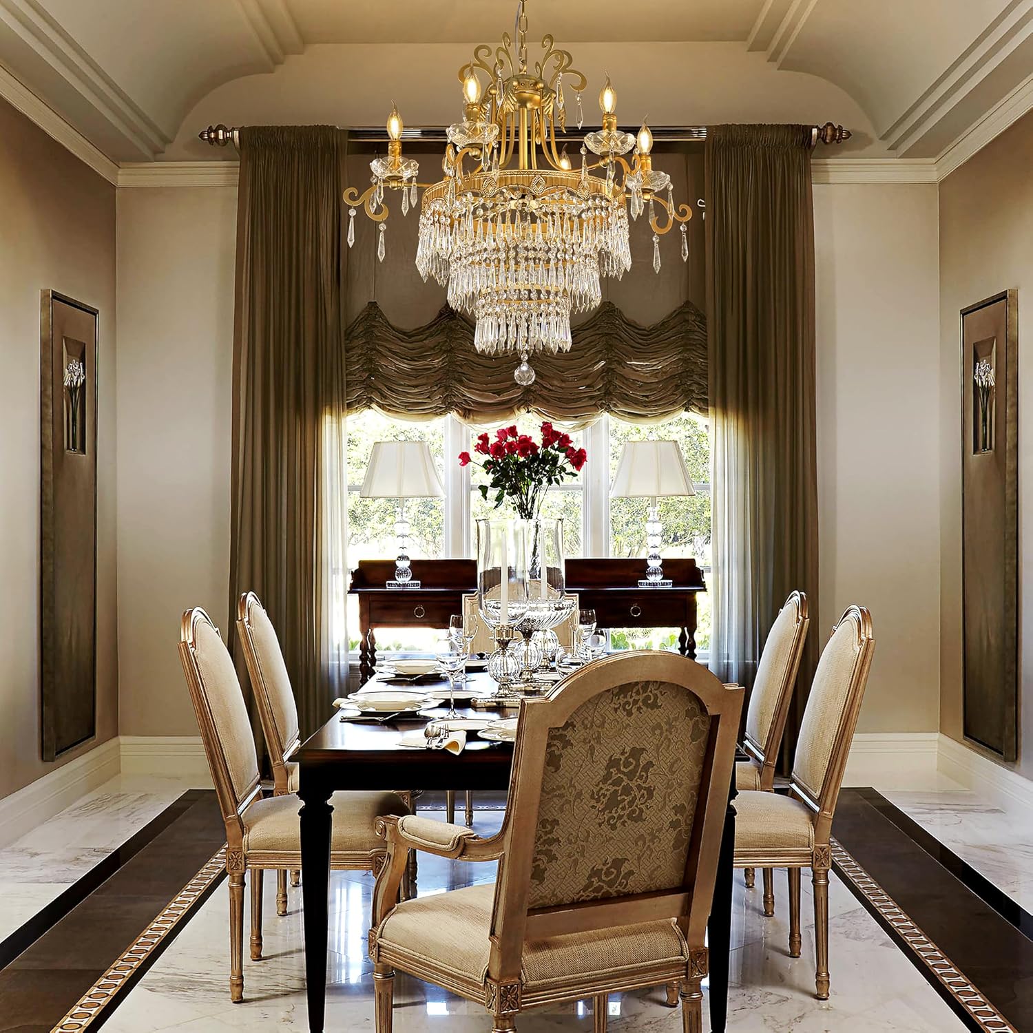 TOCHIC Modern Gold Crystal Chandelier Luxury French Empire Chandelier, 6 Lights Farmhouse Adjustable High Ceiling Light Fixture for Dining Living Room, Bedroom, Entryway, Kitchen, Foyer, 29" W