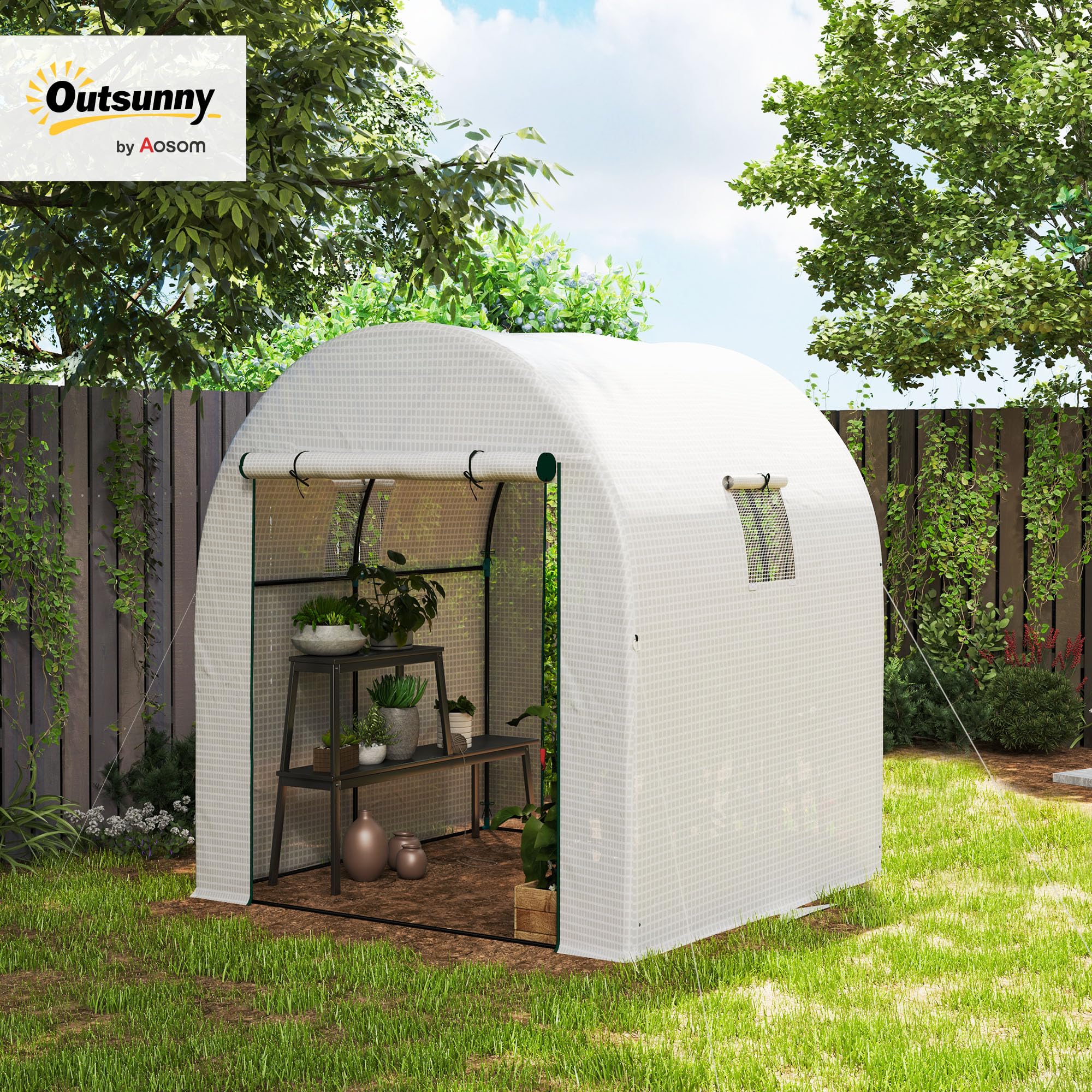 Outsunny Tunnel-Gewächshaus für den Garten, 1,8 x 1,8 x 2 m, mit 2 Türen und aufrollbaren Fenstern, Gewächshaus für Gemüsegarten mit Stahlrahmen und PE-Abdeckung, für Gemüse, Blumen, Obst, UV-Schutz