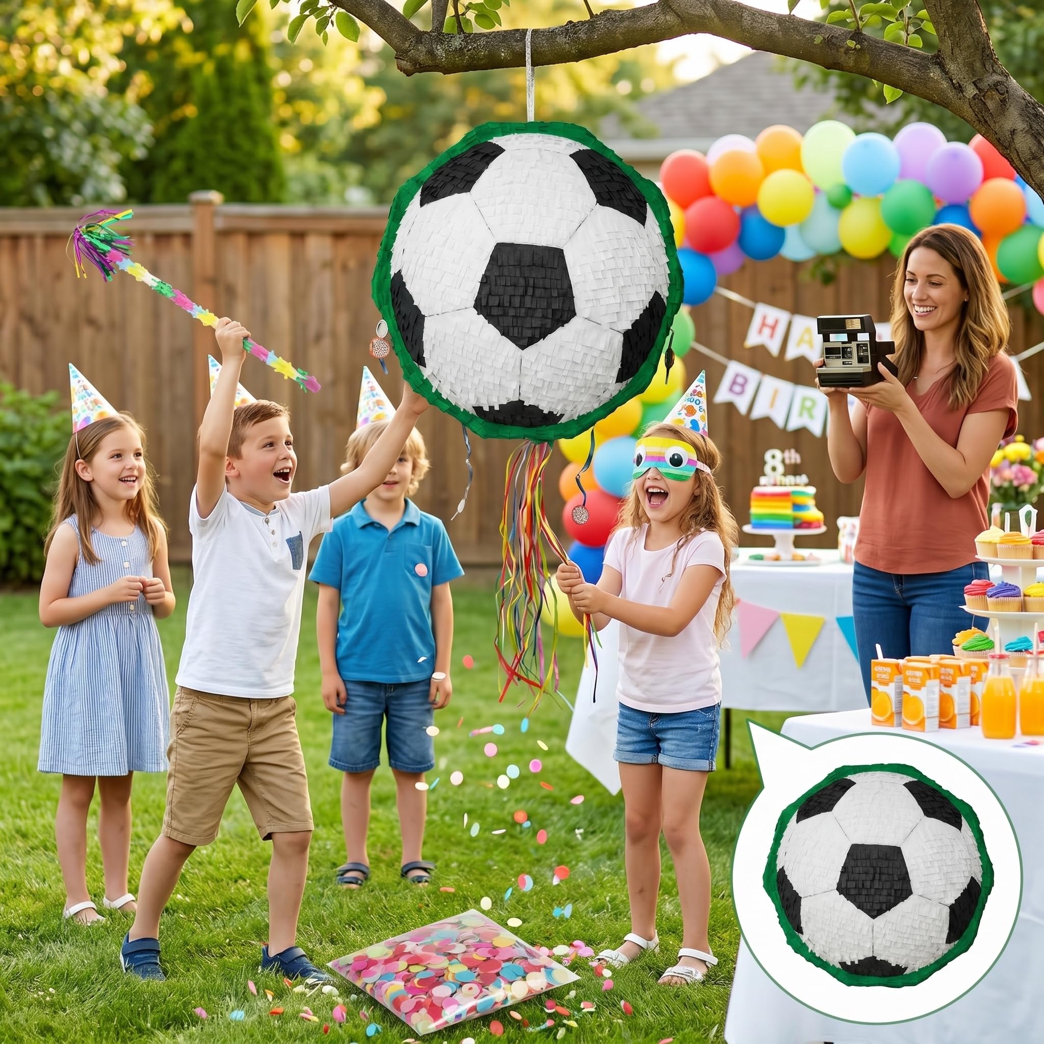 Decorazioni per feste di compleanno a tema calcio, pieghevoli, con doppia modalità di gioco, bastone, benda e coriandoli, decorazioni
