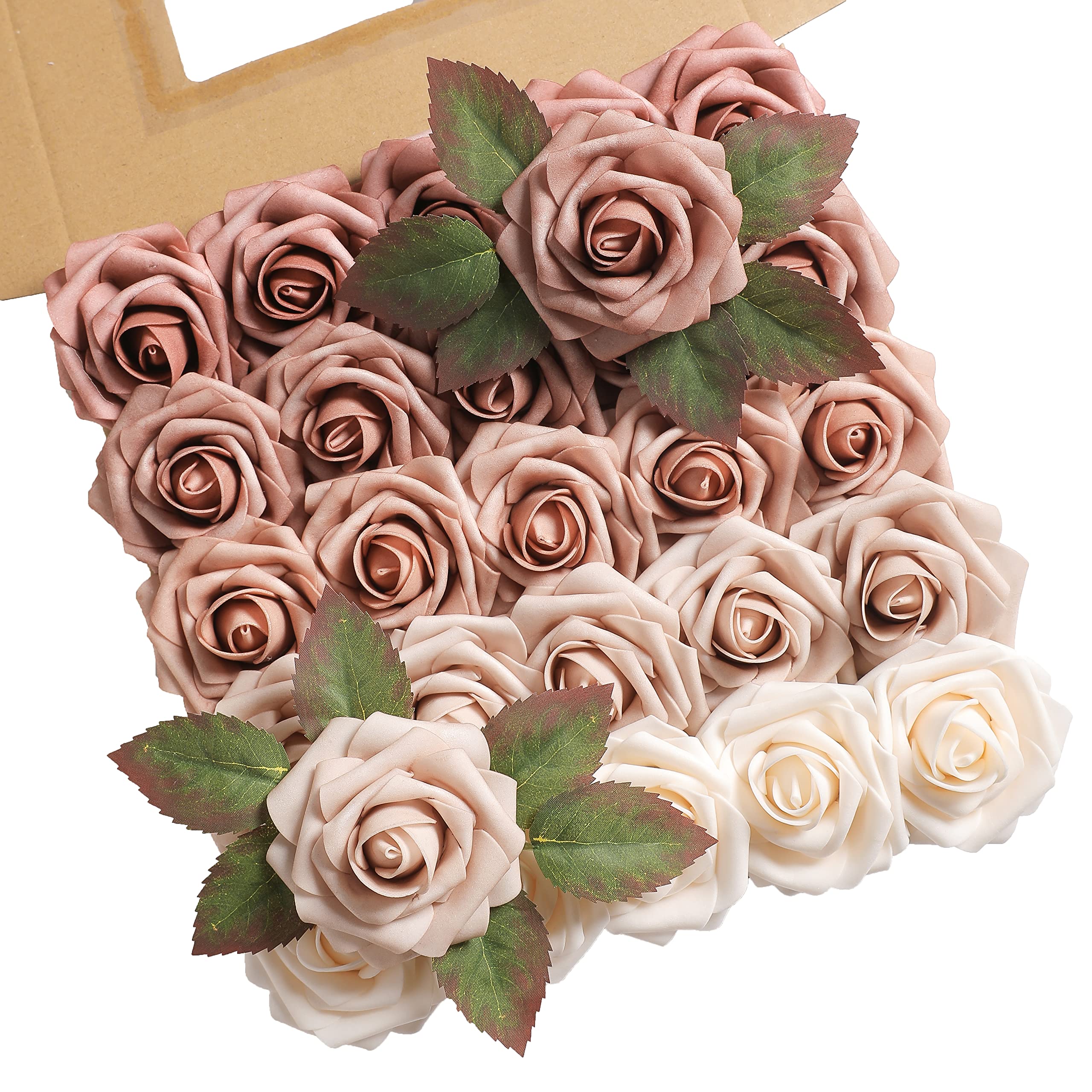 Artificial Roses Flowers 25pcs Morandi Peach Ombre Colors Foam Fake Roses with Stems for DIY Wedding Bouquets Bridal Shower Centerpieces Party Home Decorations