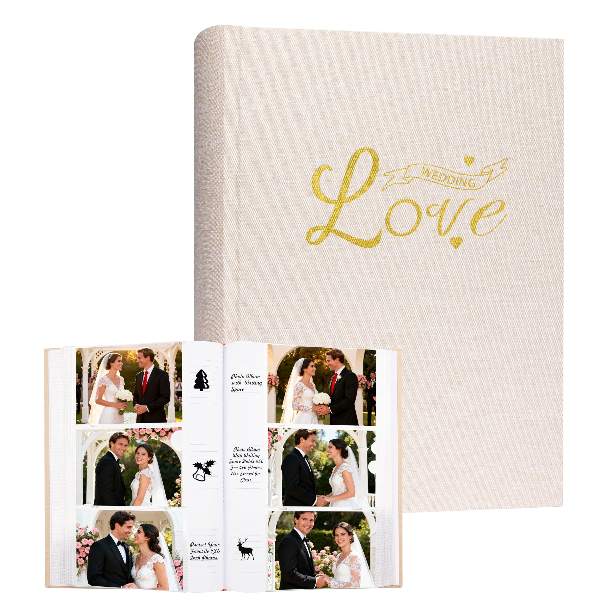 Album photo de mariage avec 450 pochettes pour photos horizontales – Album photo en lin pour souvenirs de mariage personnalisés, 10 x 15 cm (beige)