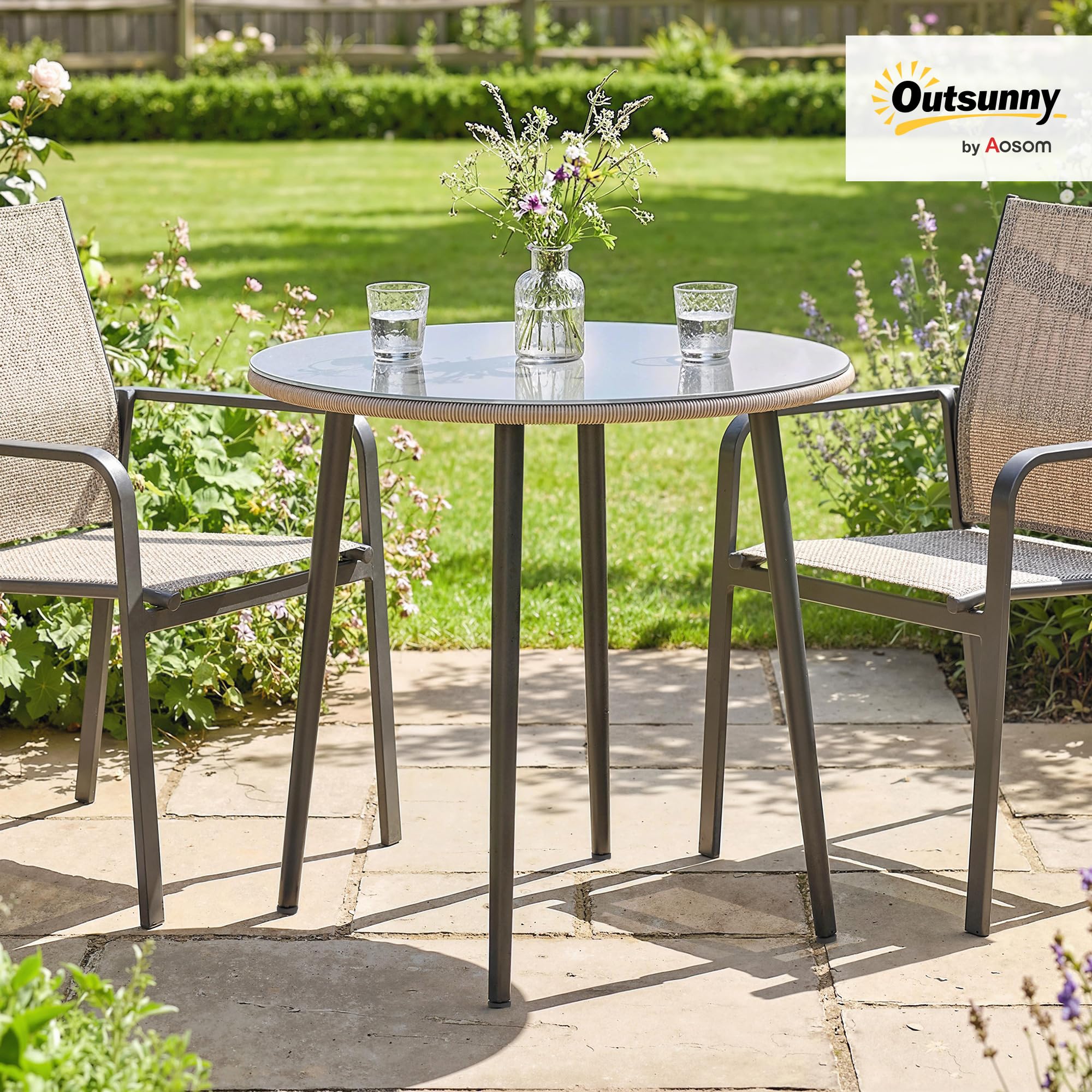 Outsunny Gartentisch Stahl 80 x 80 x 74 cm Buffettisch 4 Personen Grau | Mit Stahlrahmen, PE-Rattan-Rand, Verstellbaren Füßen, Campingtisch, Balkontisch, Outdoor Esstisch, Garten, Terrasse, Balkon