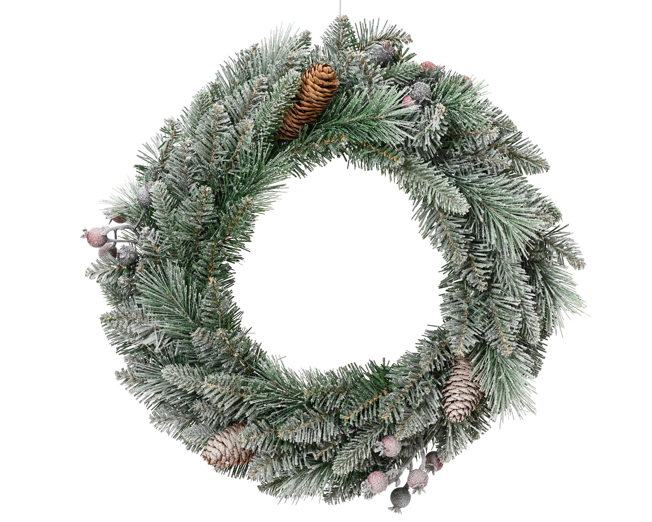 Couronne de sapin artificielle avec baies et pommes de pin - 50 cm enneigée - 1 pièce - Couronne décorative pour l'hiver et Noël - Couronne de Noël - Couronne de l'Avent - Décoration d'hiver -
