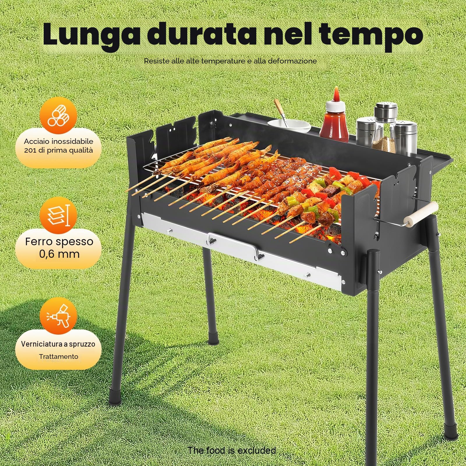 Barbecue pieghevole a carbonella, con regolazione in altezza a 3 posizioni, per giardino e esterni, a carbonella per spiedini di carne, barbecue e famiglia