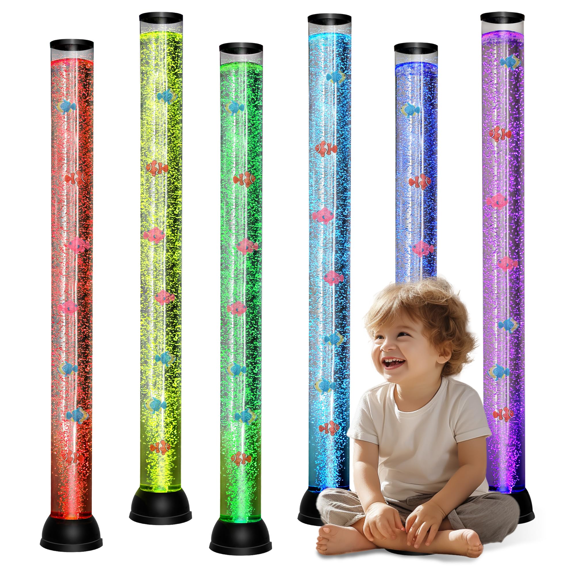 4FT Sensory LED Water Bubble Tube Lamp with 12 Fish and Color Changing Light Effects. Fantasy Bubble Fish Tube Relax for Autistic ADHD Children Alleviating Stress and Anxiety in Adults