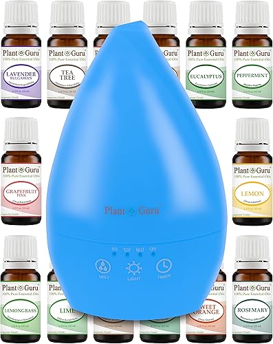 Plant Guru Difusor ultrasónico de aceite esencial blanco 6.8 fl oz. con 0.5-0.3 fl oz. Juego de aceites esenciales para principiantes, pantalla