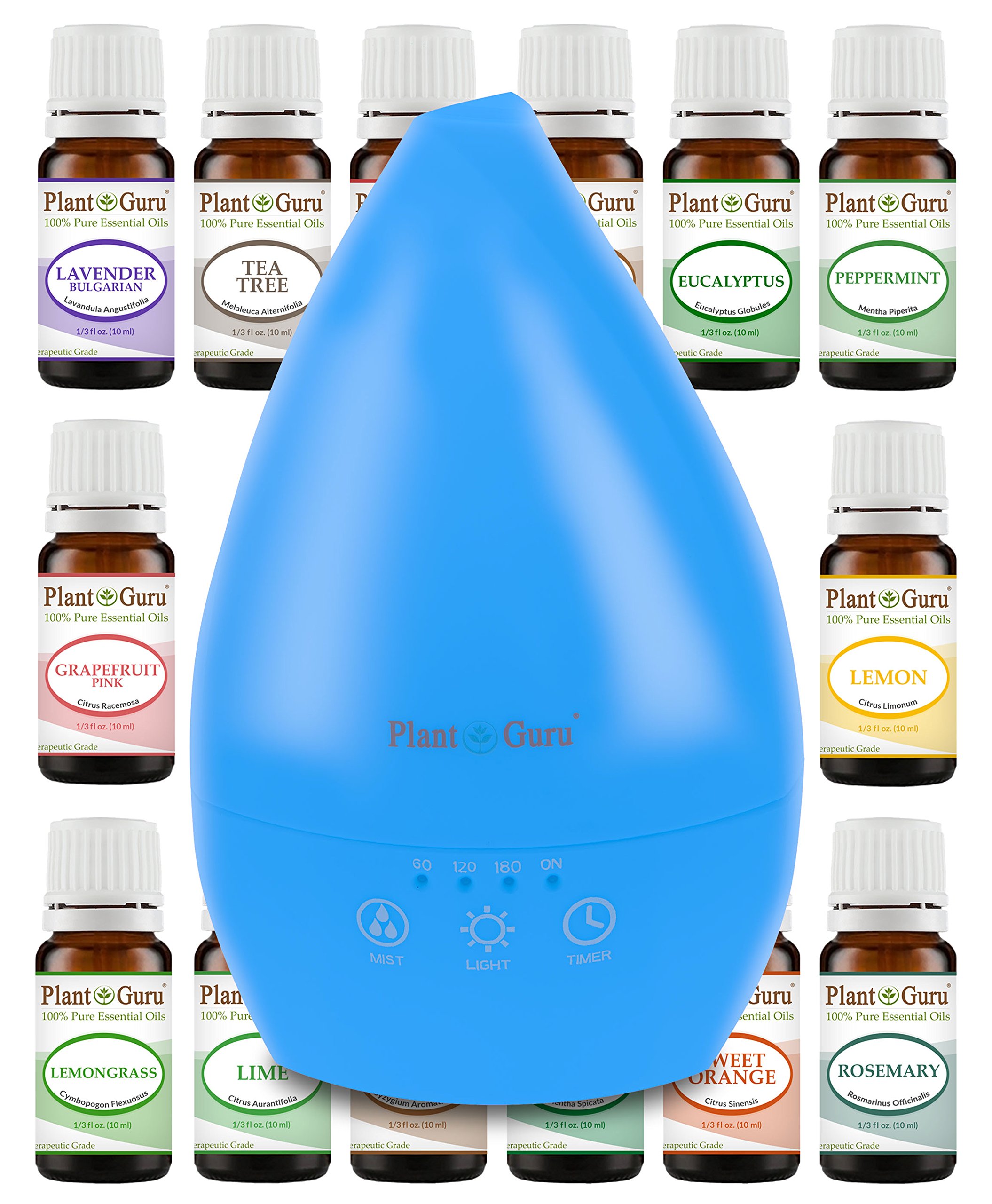 Plant GuruPlant Guru Essential Oil Ultrasonic Diffuser White 200 ml. With 14-10 ml. Essential Oils Set For Beginners Touch Screen Auto Shut-off and 7 Color LED Lights. Use In Home, Bedroom, Bathroom or Office